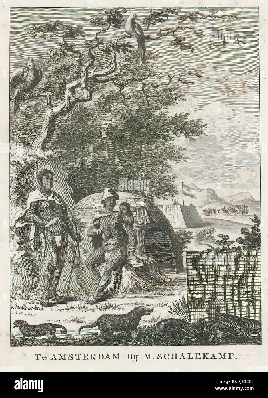 Allegoria dell'Africa, Storia Contemporanea XV parte. Gli Hottentots, i Giagas, Benguela, Kongo, Angola, Loano, Benin e c.. (Titolo su oggetto), pagina del titolo per: S.n., Hedendaagsche historie di Het vervolg van de Algemeene historie, 1785, Una famiglia Khoi in un paesaggio di fronte alla loro casa. Sullo sfondo un campo VOC e la Regina dell'Angola a cavallo tra un gruppo di uomini armati., tipografia: Simon Fokke, (possibilmente), dopo il proprio disegno di: Simon Fokke, (possibilmente), editore: Matthijs Schalekamp, (menzionato sull'oggetto), Amsterdam, 1785, carta, incisione, incisione, altezza 161 mm x larghezza 119 mm Foto Stock