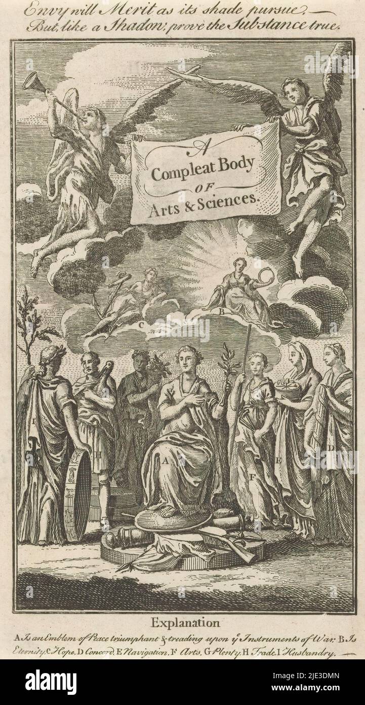 Trionfo della Pace, un corpo di Arti e Scienze (titolo su oggetto), pagina del titolo per: S.n., il Magazin universale della conoscenza e del piacere Vol III, 1748, Pace con ramo di palma si erge su un trofeo di cresta e trionfi. È circondata da unità (Concord), navigazione (navigazione), Arti (Arti), abbondanza (abbondanza), Commercio (Commercio) e Agricoltura (Agricoltura). In cima alle nuvole si siede Eternity con serpente Ourobouros e speranza con ancora. In cima, due angeli volano con stoffa con titolo., creatore di stampa: anonimo, editore: John Hinton, (menzionato sull'oggetto), Londra, 1748, carta, acquaforte, stampino a stampino Foto Stock