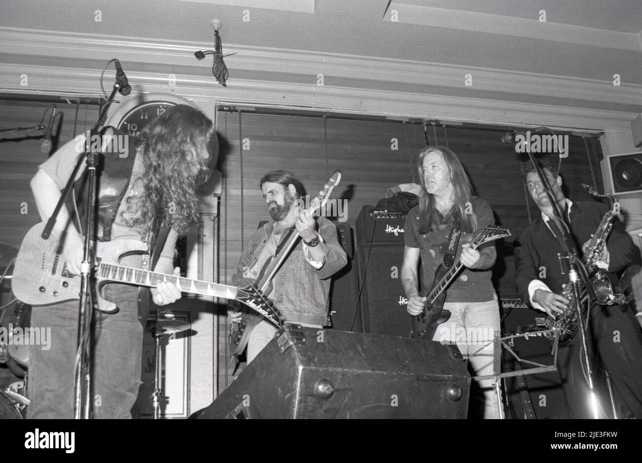 Warren Haynes, Alan Woody e Gregg Allman della Allman Brothers Band all'Hard Rock Cafe di Londra, Regno Unito, nel giugno 1991. Foto Stock