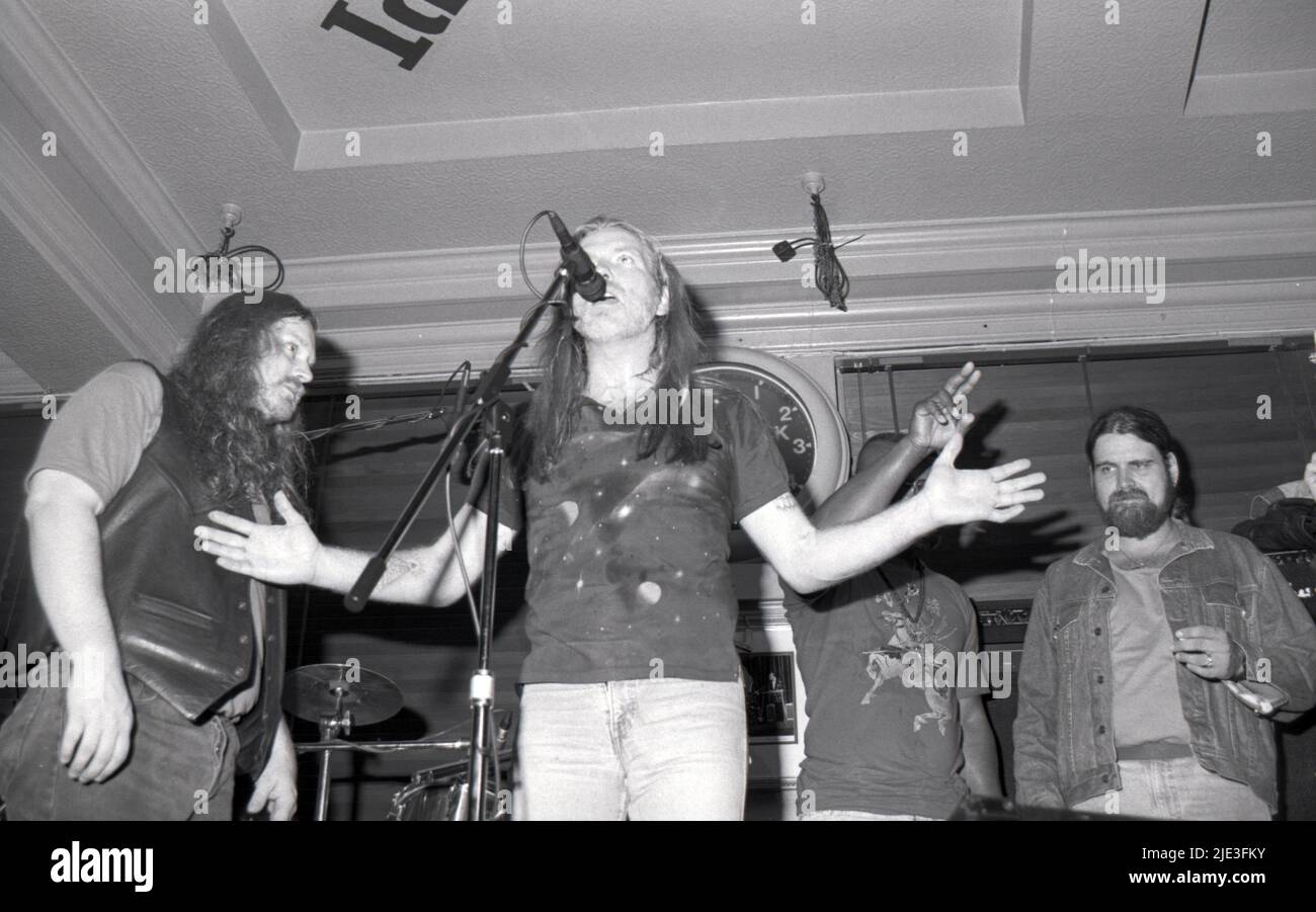 Warren Haynes, Gregg Allman e Alan Woody della Allman Brothers Band all'Hard Rock Cafe di Londra, Regno Unito, nel giugno 1991. Foto Stock