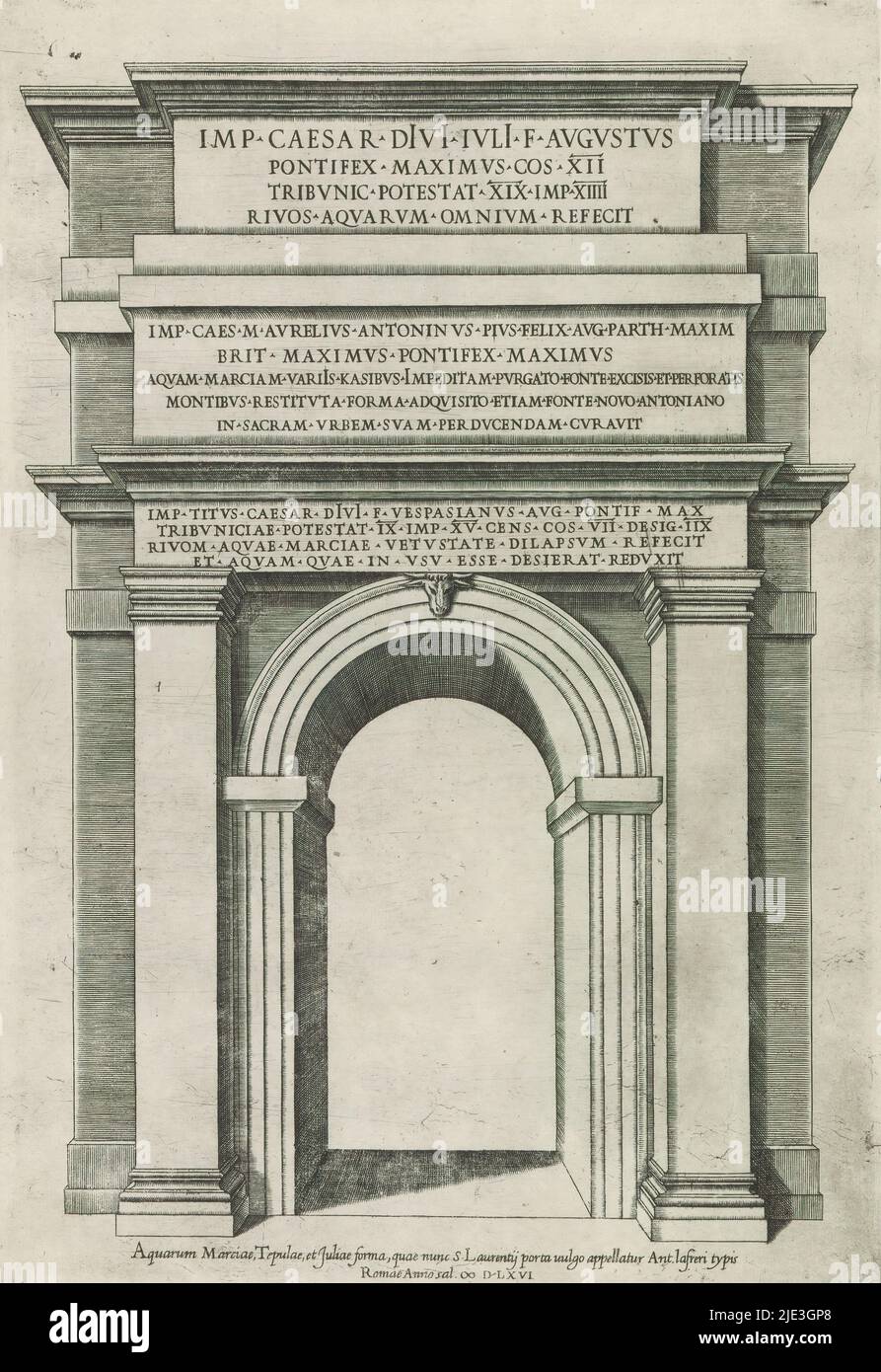 Porta Tiburtina a Roma, Speculum Romanae Magnificentiae (titolo della collana), la stampa fa parte di un album., tipografo: anonymous, editore: Antonio Lafreri, (citato in oggetto), tipografo: Italia, Editore: Roma, 1566, carta, incisione, incisione, incisione, altezza 420 mm x larghezza 288 mm Foto Stock