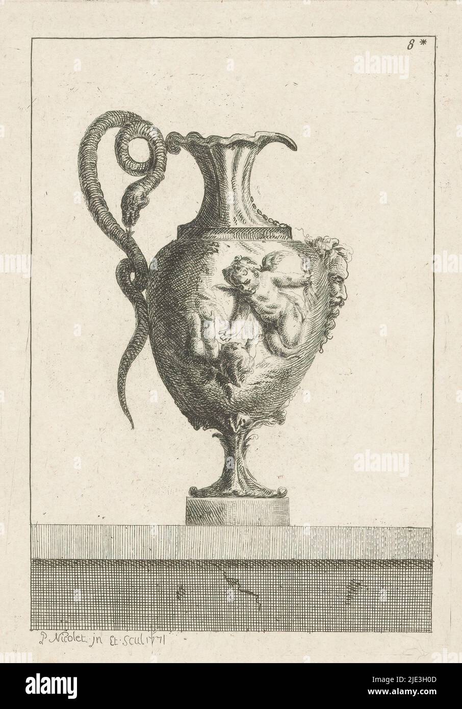 Vaso, Cinquieme Suite de vasi (titolo della serie), Stampa da una serie numerata con dodici vasi di Allou e Nicolet., tipografia: P. Nicolet, (menzionato sull'oggetto), dopo disegno proprio di: P. Nicolet, (menzionato sull'oggetto), editore: Pierre Franois Basan, Parigi, 1771, carta, incisione, altezza 204 mm x larghezza 144 mm, altezza 355 mm x larghezza 265 mm Foto Stock