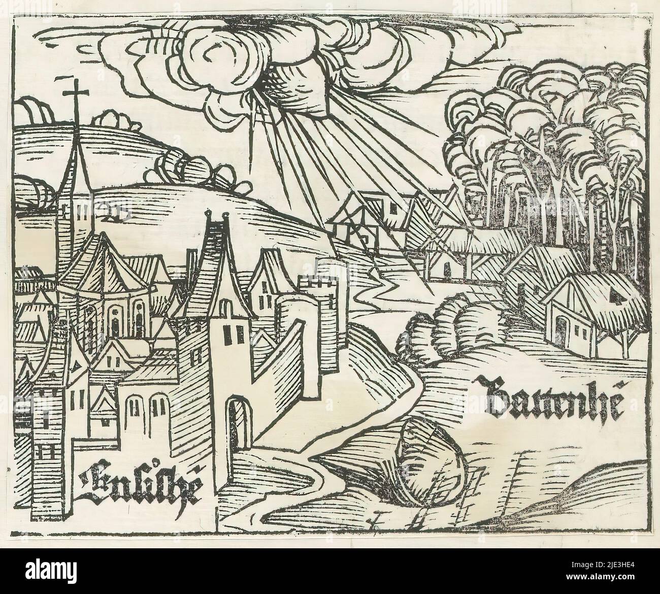 Vista di Ensisheim e Battenheim con impatto meteorite, Liber Chronicarum (titolo della serie), vista di Ensisheim e Battenheim. La raffigurazione mostra un evento del 1492. A quel tempo un meteorite cadde dal cielo. La stampa fa parte di un album., stampatore: Michel Wolgemut, (laboratorio di), stampatore: Wilhelm Pleydenwurff, (laboratorio di), Neurenberg, 1493, carta, stampa su carta intestata, altezza 82 mm x larghezza 102 mm Foto Stock