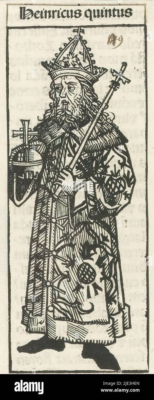 L'imperatore Enrico V, Heinricus quintus (titolo sull'oggetto), Liber Chronicarum (titolo della serie), un re con mela imperiale e scettro, a tutta lunghezza. La raffigurazione fa parte della sequenza degli imperatori nel Liber Chronicarum. Il testo identifica l'uomo come imperatore Enrico V. la stampa fa parte di un album., tipografo: Michel Wolgemut, (laboratorio di), tipografo: Wilhelm Pleydenwurff, (laboratorio di), Neurenberg, 1493, carta, stampa su carta intestata, altezza 137 mm x larghezza 52 mm Foto Stock