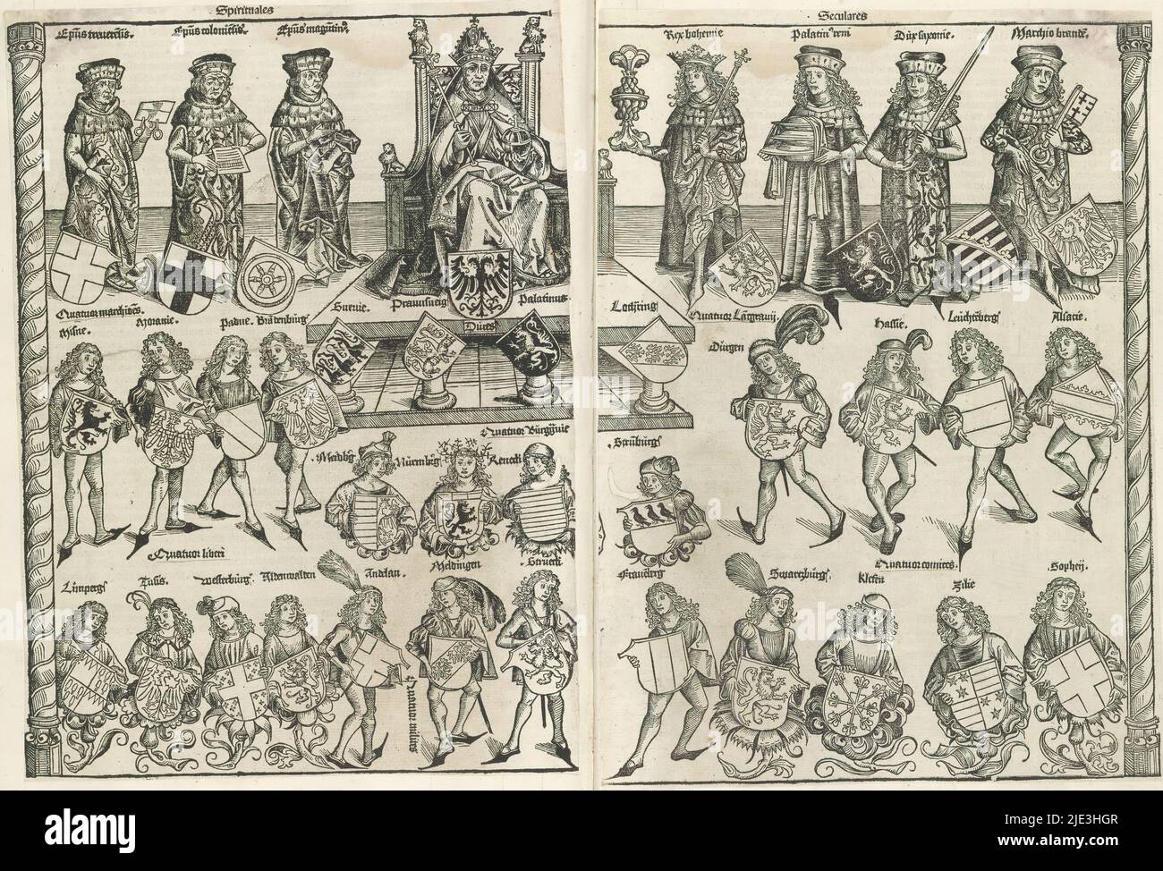 Elezione dell'imperatore, Liber Chronicarum (titolo della serie), rappresentazione a doppia foglia (qui in due parti) dal Liber Chronicarum. Mostra l'imperatore tedesco come capo del Sacro Romano Impero. Siede in granata imperiale, con scettro e mela imperiale, su un trono. Davanti a lui lo stemma imperiale con l'aquila a doppia testa. Il suo trono è su un podio sostenuto da quattro pilastri. Essi rappresentano i quattro duchies della Germania: Swabia (tre leoni neri coronati), Brunswick (due leopardi), Palatinato (un leone ascendente su sfondo nero) e Lorena (tre aquile su una barra diagonale). L'em Foto Stock