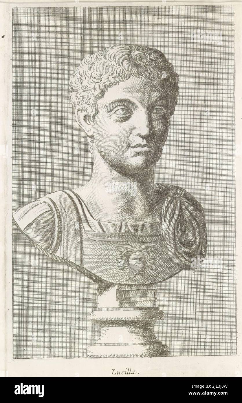 Busto di Lucilla, Lucilla (titolo sull'oggetto), busto classico di un giovane. La stampa fa parte di un album che contiene una serie di stampe dopo le sculture della collezione di Gerard Reynst, tipografia: Hubert Quellinus, tipografia: Gerard de Lairesse, (rejected attribuzione), Anversa, 1646 - 1670, carta, incisione, altezza 325 mm x larghezza 195 mm Foto Stock