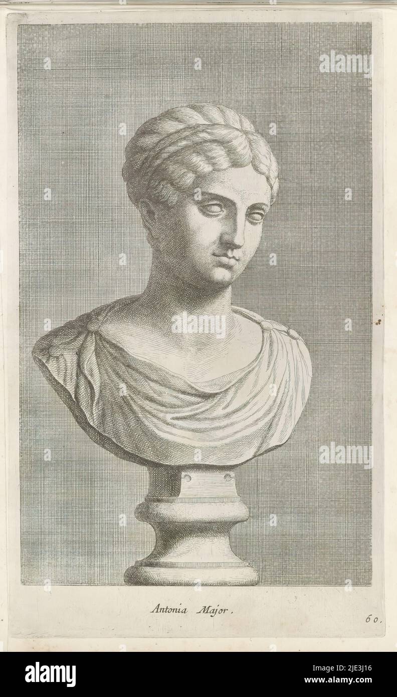 Busto di Antonia il Vecchio, Antonia Major (titolo sull'oggetto), busto classico di una donna in tunica e con i capelli sollevati. La stampa fa parte di un album con una serie di stampe dopo le sculture della collezione di Gerard Reynst., tipografia: Hubert Quellinus, tipografia: Gerard de Lairesse, (rejected attribuzione), Anversa, 1646 - 1670, carta, incisione, altezza 327 mm x larghezza 199 mm Foto Stock