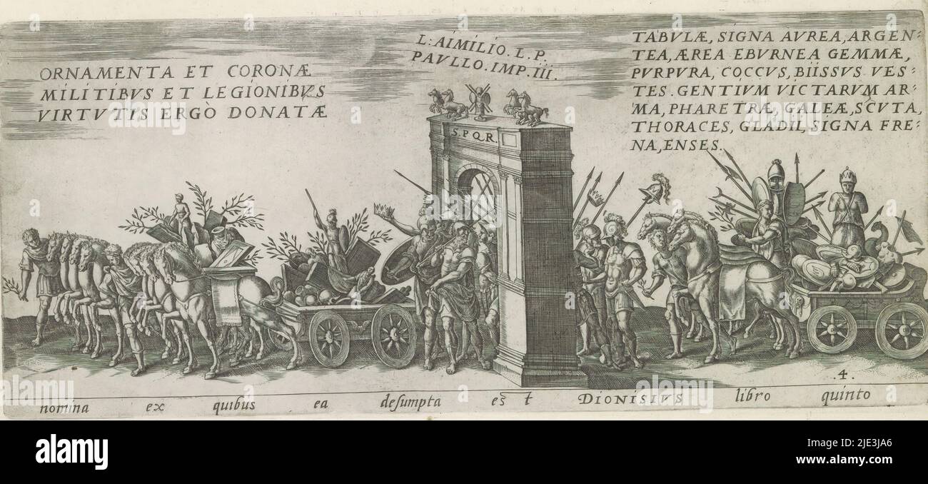 Trionfo processione con carri con booty di guerra sotto un arco trionfale attraverso, Nomina ex quibus ea desumpta est Dionisius libro quinto (titolo su oggetto), trionfi romani (titolo serie), Amplissimi ornatißimiq trionfi, uti. L. PAVLVS DE rege Macedonum Perse capto, P. Africanus Aemilianus de Carthage: Nensibus excisis. C N. Pompeo Magnus ex oriente, Giulio Augusto: tu, Vespasiano (...) (Titolo della serie), processione di carri con booty di guerra tirato da cavalli. La processione passa sotto un arco trionfale. Titolo in latino a margine inferiore. La stampa fa parte di un album., tipografo: Onofrio Panvinio, A. Foto Stock