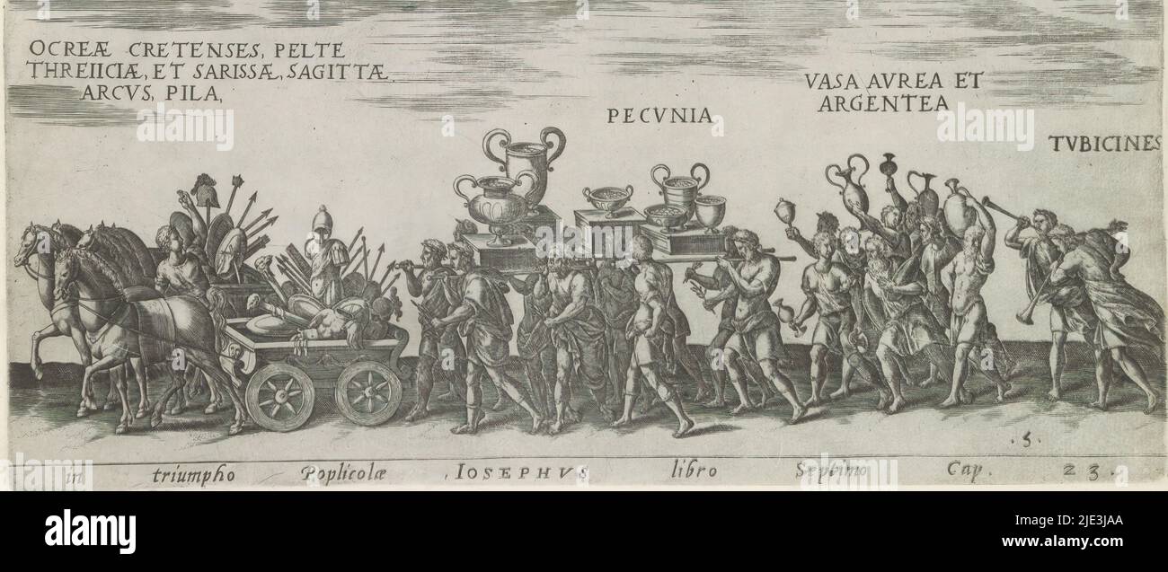 Processione trionfale con carri che trasportano booty di guerra e uomini che trasportano crateri di monete, in trionfo Poplicolae, Iosephus libro Settimo Cap. 23 (titolo su oggetto), trionfi romani (titolo della serie), Amplissimi ornatißimiq trionfi, uti. L. PAVLVS DE rege Macedonum Perse capto, P. Africanus Aemilianus de Carthage: Nensibus excisis. C N. Pompeo Magnus ex oriente, Giulio Augusto: tu, Vespasiano (...) (Titolo della serie), processione di carri con booty di guerra tirato da cavalli e con uomini che trasportano crateri pieni di monete. Titolo in latino a margine inferiore. La stampa fa parte di un album., tipografo: Onofrio Panti Foto Stock