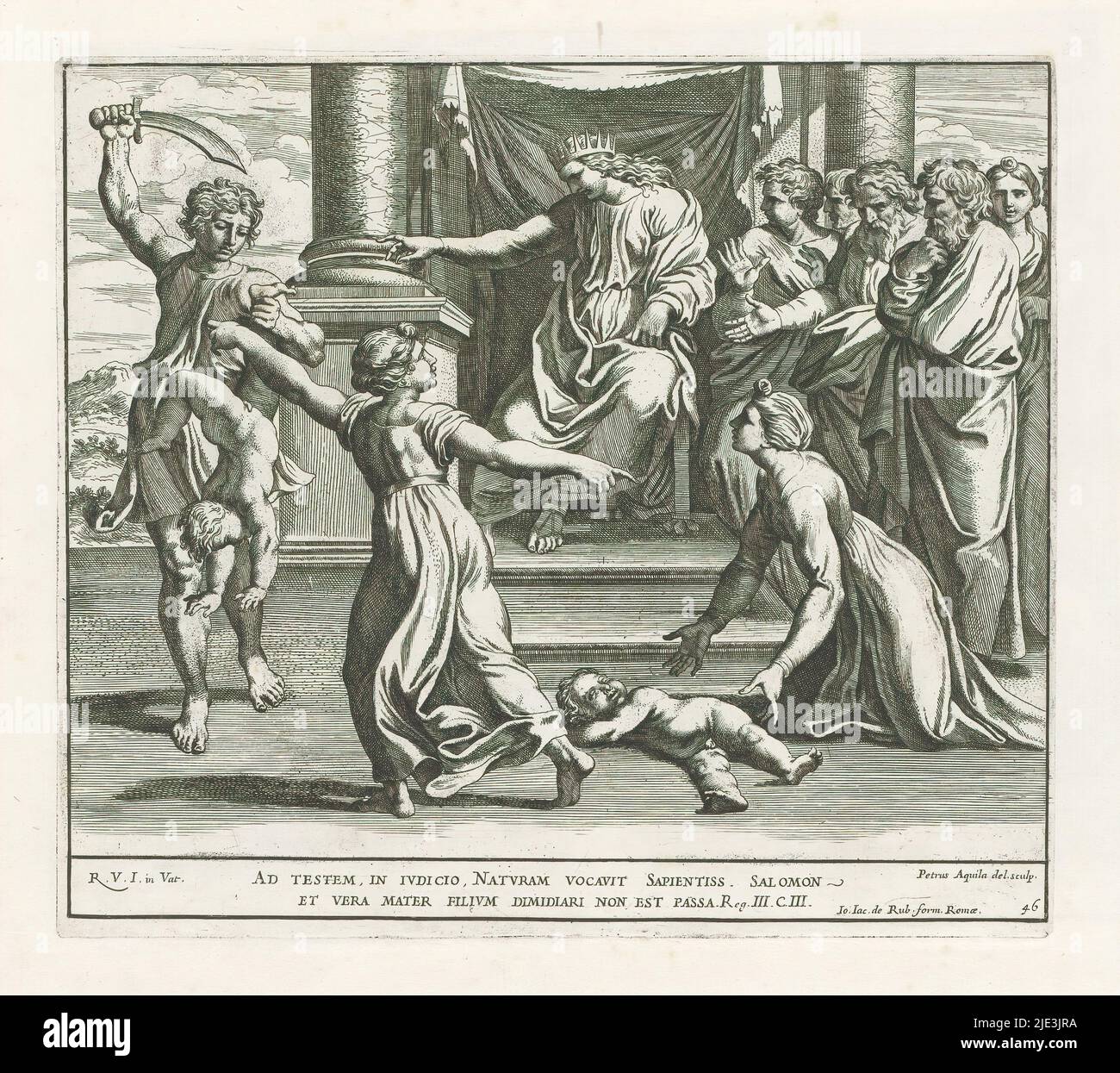 Giudizio di Salomone, Bibbia di Raffaello (titolo della serie), dipinti nella Loggia di Raffaello (titolo della serie), immagines Veteris ac Novi Testamenti (titolo della serie), re Salomone siede sul suo trono e trasmette il giudizio su una disputa tra due prostitute che avevano entrambi dato alla luce un bambino. Il bambino che muore si trova a terra davanti a Salomone, il bambino che è ancora vivo e rivendicato da entrambe le madri è tenuto da un uomo con una spada. Quest'uomo è ordinato da Salomone di tagliare il bambino a metà, ma questo va troppo lontano per la vera madre, lei lo chiede di lasciare vivere il suo bambino. Versetto della Bibbia sotto l'immagine. La stampa fa parte di Foto Stock