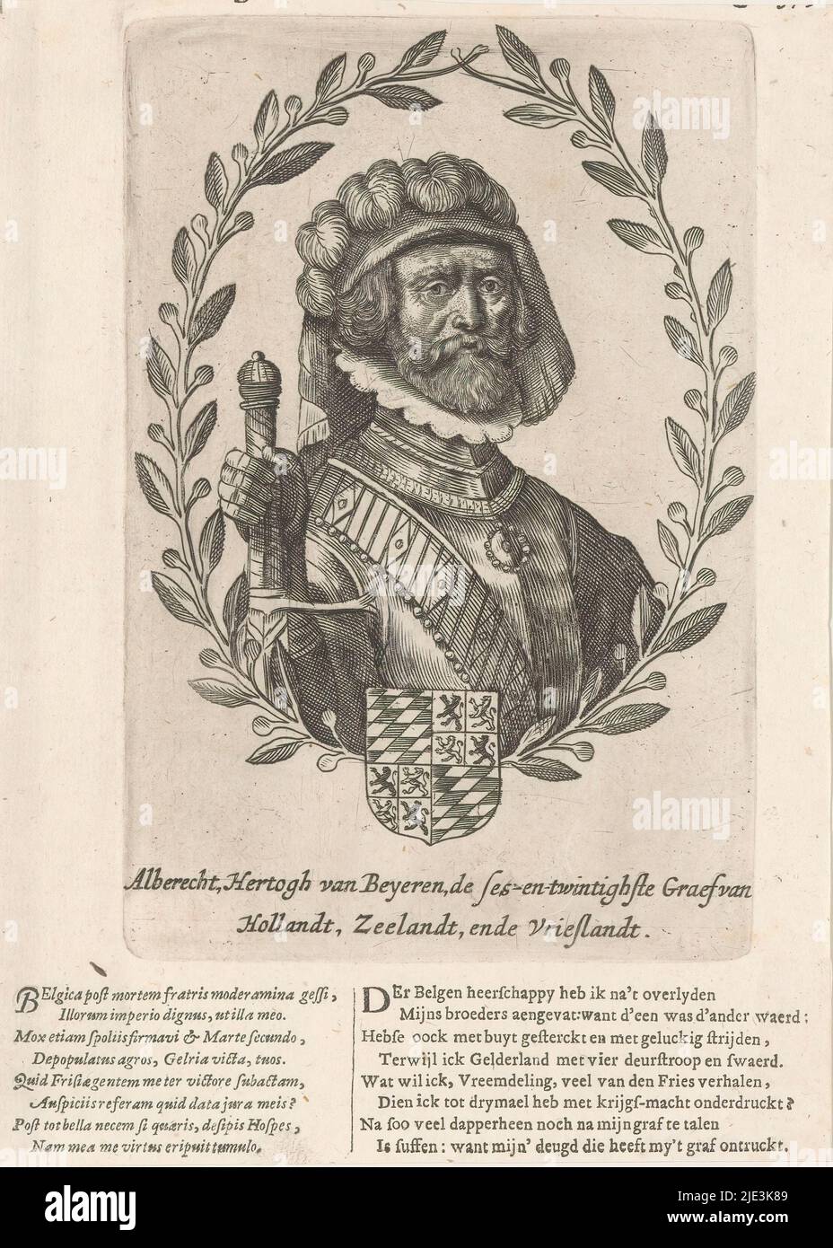 Ritratto di Albrecht di Baviera, Conte d'Olanda, Hainaut e Zelanda, Medio sotto il suo stemma., tipografo: anonimo, 1600 - 1699, carta, incisione, stampa su carta intestata, altezza 141 mm x larghezza 94 mm Foto Stock