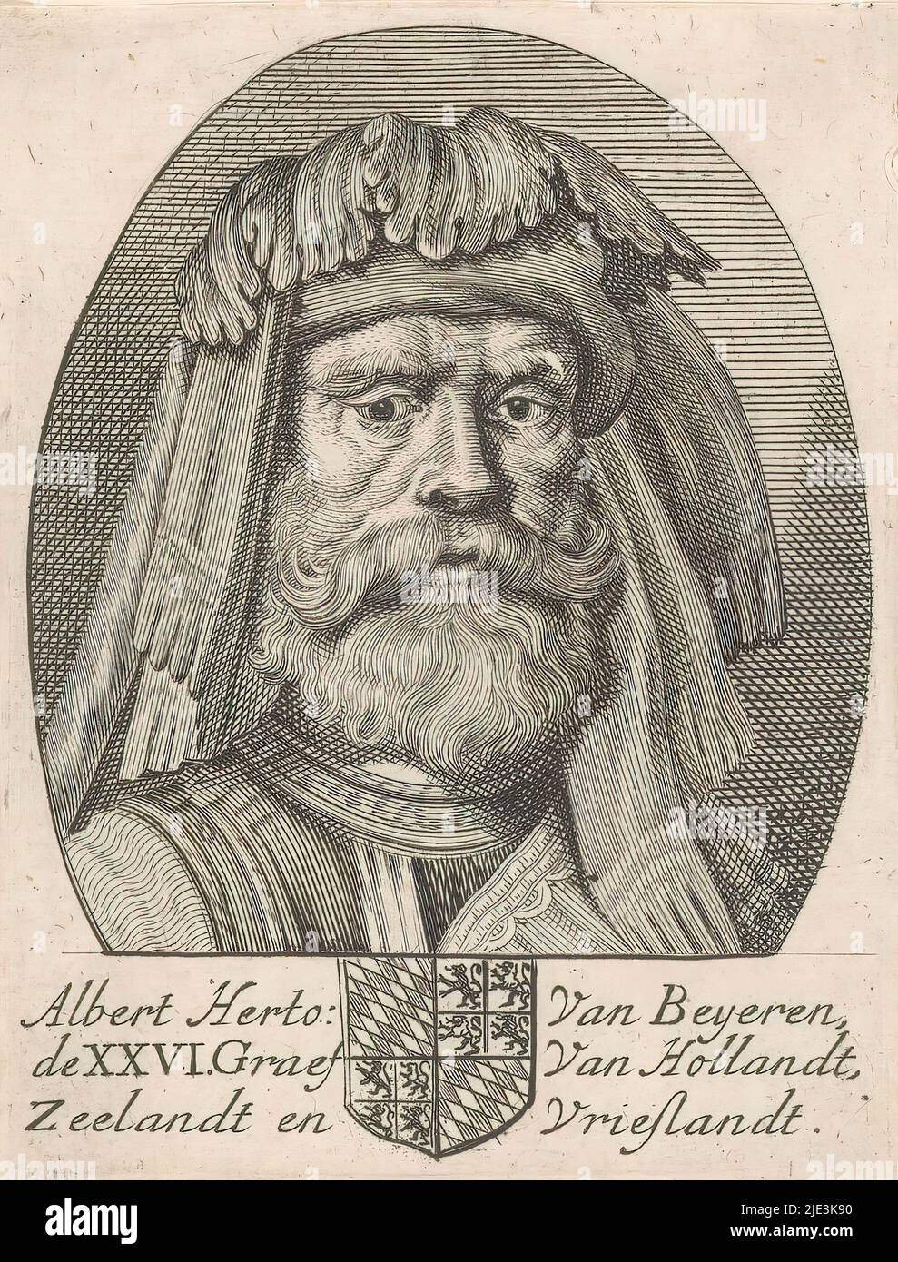 Ritratto di Albrecht di Baviera, Conte d'Olanda, Hainaut e Zeeland, Medio sotto il suo stemma., tipografo: anonimo, 1600 - 1699, carta, incisione, altezza 92 mm x larghezza 71 mm Foto Stock