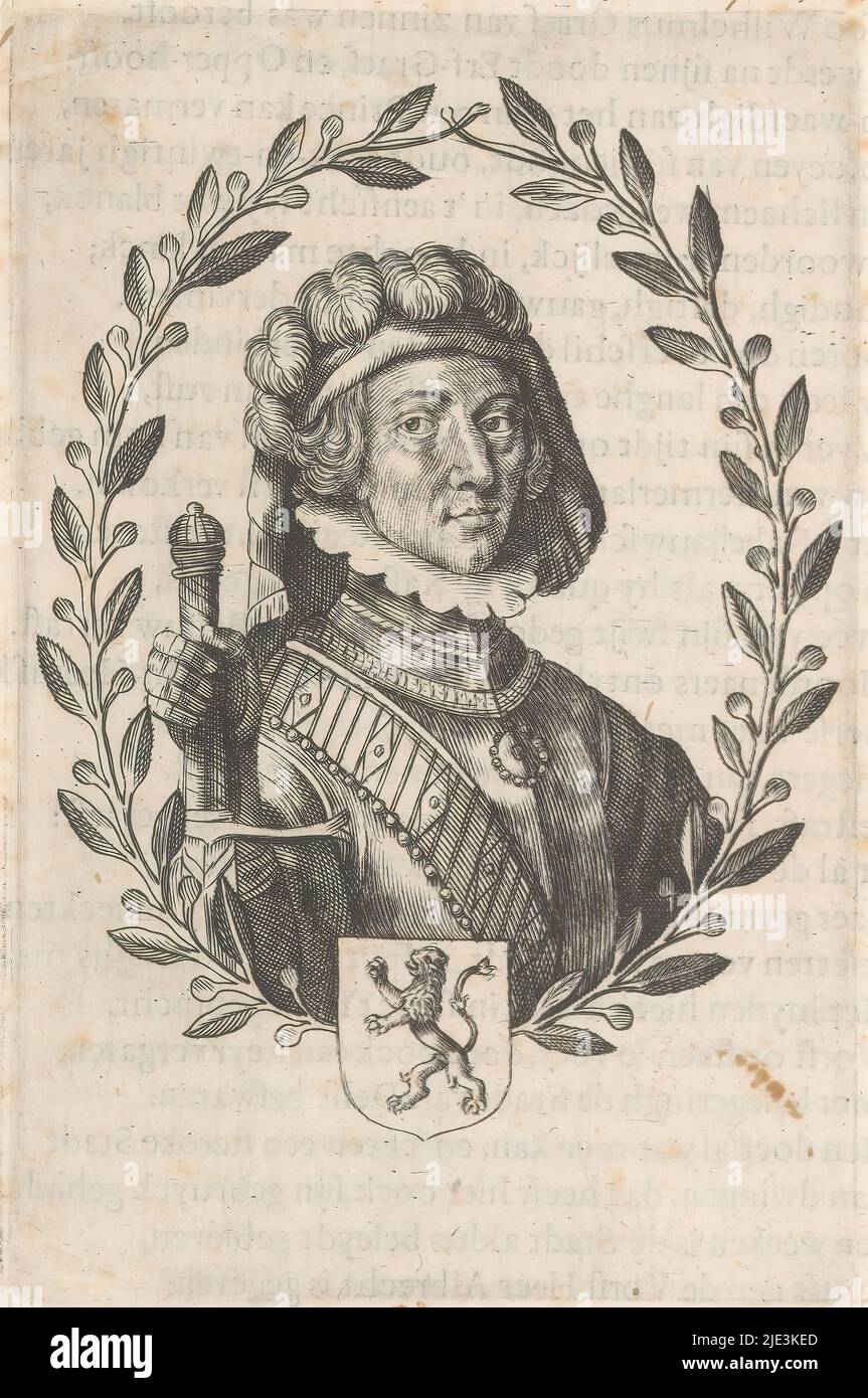 Ritratto di Albrecht di Baviera, Conte d'Olanda, Hainaut e Zeeland, Centro sotto il suo stemma., tipografo: anonimo, 1600 - 1699, carta, incisione, stampa su carta intestata, altezza 155 mm x larghezza 102 mm Foto Stock