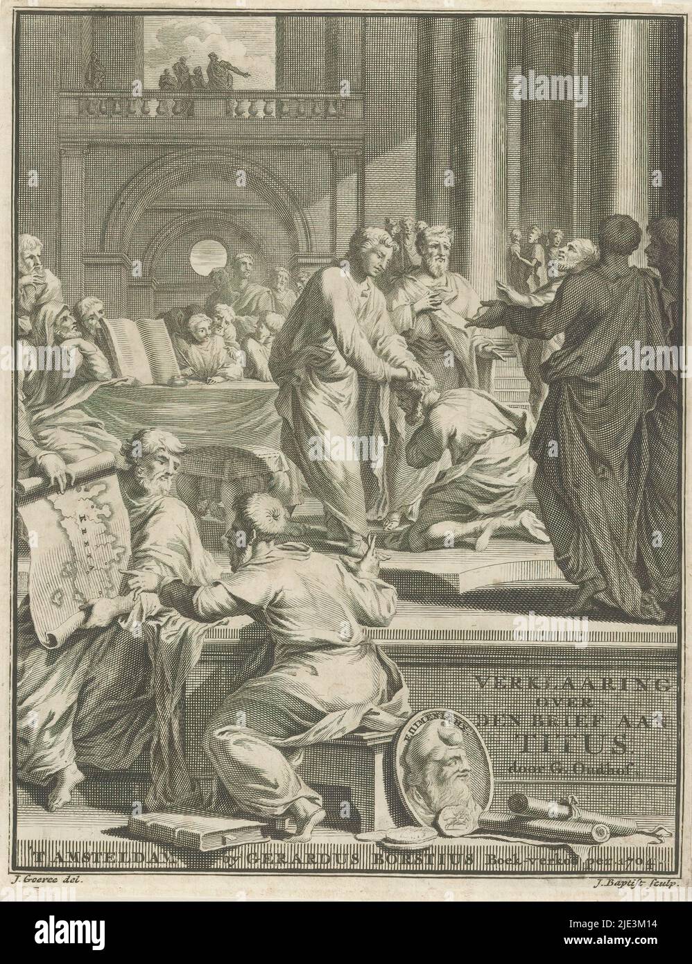 Studiosi nell'interpretazione della lettera di Paolo a Tito, spiegazione della lettera a Tito (titolo su oggetto), pagina del titolo per: G. Oudhof, De Brief van den apostel Paulus geschreeven aan Titus verklaard, 1704, in primo piano due uomini si piegano su una mappa di Creta, in background diversi uomini sono seduti intorno a un tavolo con un libro aperto. A destra, una rappresentazione con Tito che nomina un anziano inginocchiato davanti a lui (Tito 1:5)., stampatore: Jacobus Baptist, (menzionato sull'oggetto), dopo aver disegnato da: Jan Goeree, (menzionato sull'oggetto), editore: Gerardus Borstius, (menzionato sull'oggetto Foto Stock