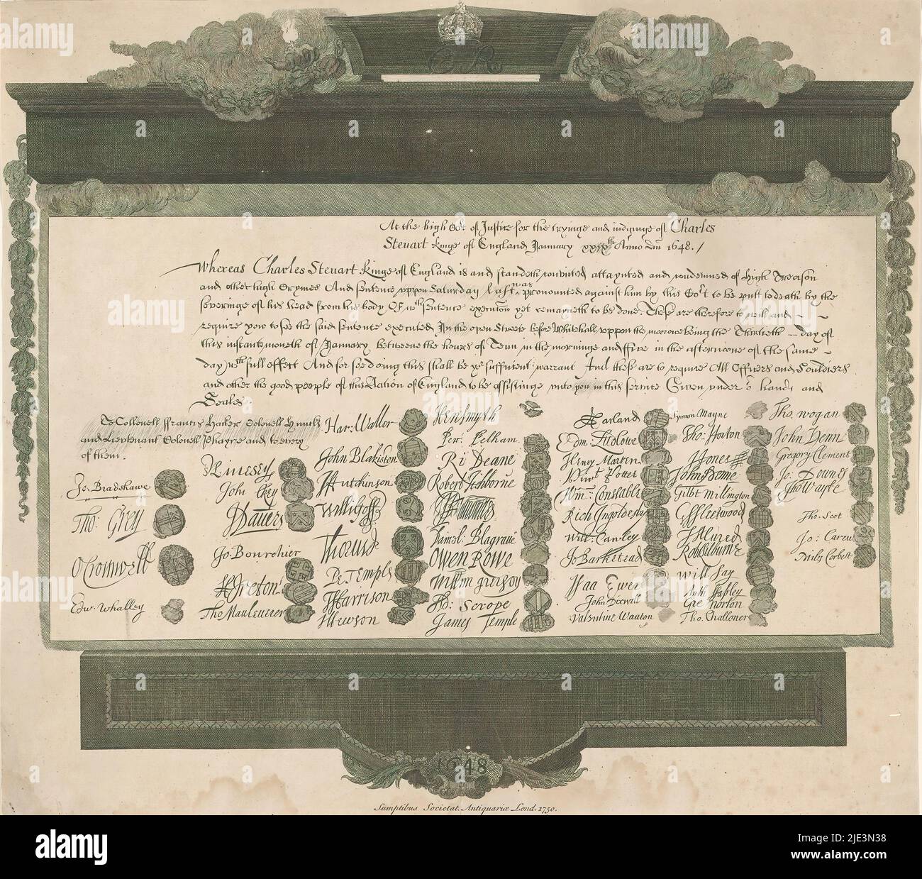 Mandato di morte di Carlo i, 1648, Vetusta Monumenta (titolo della serie), mandato di morte del re inglese Carlo i, firmato il 26 gennaio 1648. Con le firme e sigilli dei firmatari. Parte della serie di stampe di oggetti storici inglesi pubblicati dalla Society of Antiquaries di Londra., tipografia: anonymous, (menzionato sull'oggetto), editore: Society of Antiquaries di Londra, (menzionato sull'oggetto), tipografia: Inghilterra, editore: Londra, 1750, carta, incisione, altezza 416 mm x larghezza 462 mm Foto Stock