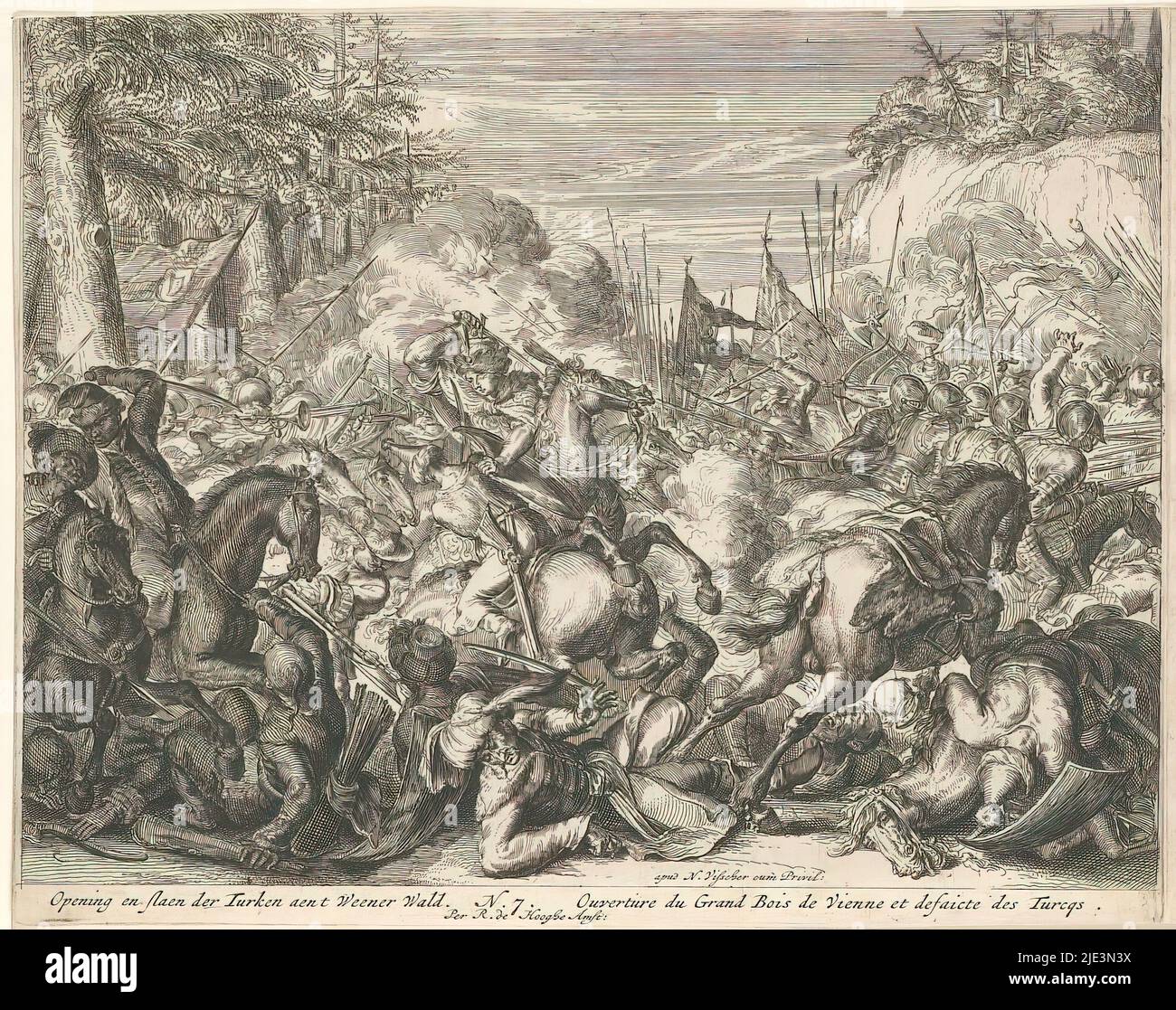Battaglia tra Asburgo e Turchi nella Foresta di Vienna, apertura e scorie der Turken aent weener Wald (titolo sull'oggetto), battaglia tra Asburgo e Turchi nella Foresta di Vienna. Questa stampa è No. 7 in una serie di stampe di dieci raffigurazioni del 1683 saccheggio di Vienna per 'relation succinte et veritable de tout ce qui s'est passé pendant le Siege de Vienne etc.', tipografo: Romeyn de Hooghe, (menzionato in oggetto), editore: Nicolaes Visscher (i), (menzionato in oggetto), sconosciuto, (menzionato in oggetto), Amsterdam, 1684, carta, incisione, altezza 162 mm x larghezza 207 mm Foto Stock