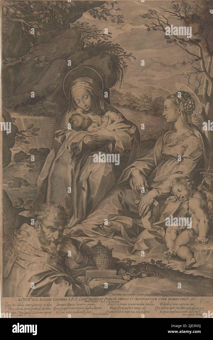 Santa Caterina da Siena con il Cristo Bambino, Maria, un dormiente Giovanni Battista e un papa, stampatore: Philippe Thomassin, (menzionato sull'oggetto), su disegno di: Francesco Vanni, (menzionato sull'oggetto), editore: Jean Turpin, (menzionato sull'oggetto), stampatore: Roma, Dopo il disegno di: Roma, editore: Roma, Vaticano, Italia, 1597, carta, incisione, altezza 466 mm x larghezza 313 mm Foto Stock