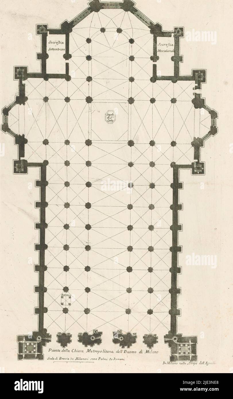 Mappa del Duomo di Milano, Pianta della chiesa metropolitana del Duomo di Milano (titolo in oggetto), tipografo: anonimo, editore: Federico Agnelli, (menzionato in oggetto), Milaan, 1636 - 1702, carta, incisione, incisione, altezza 489 mm x larghezza 300 mm Foto Stock