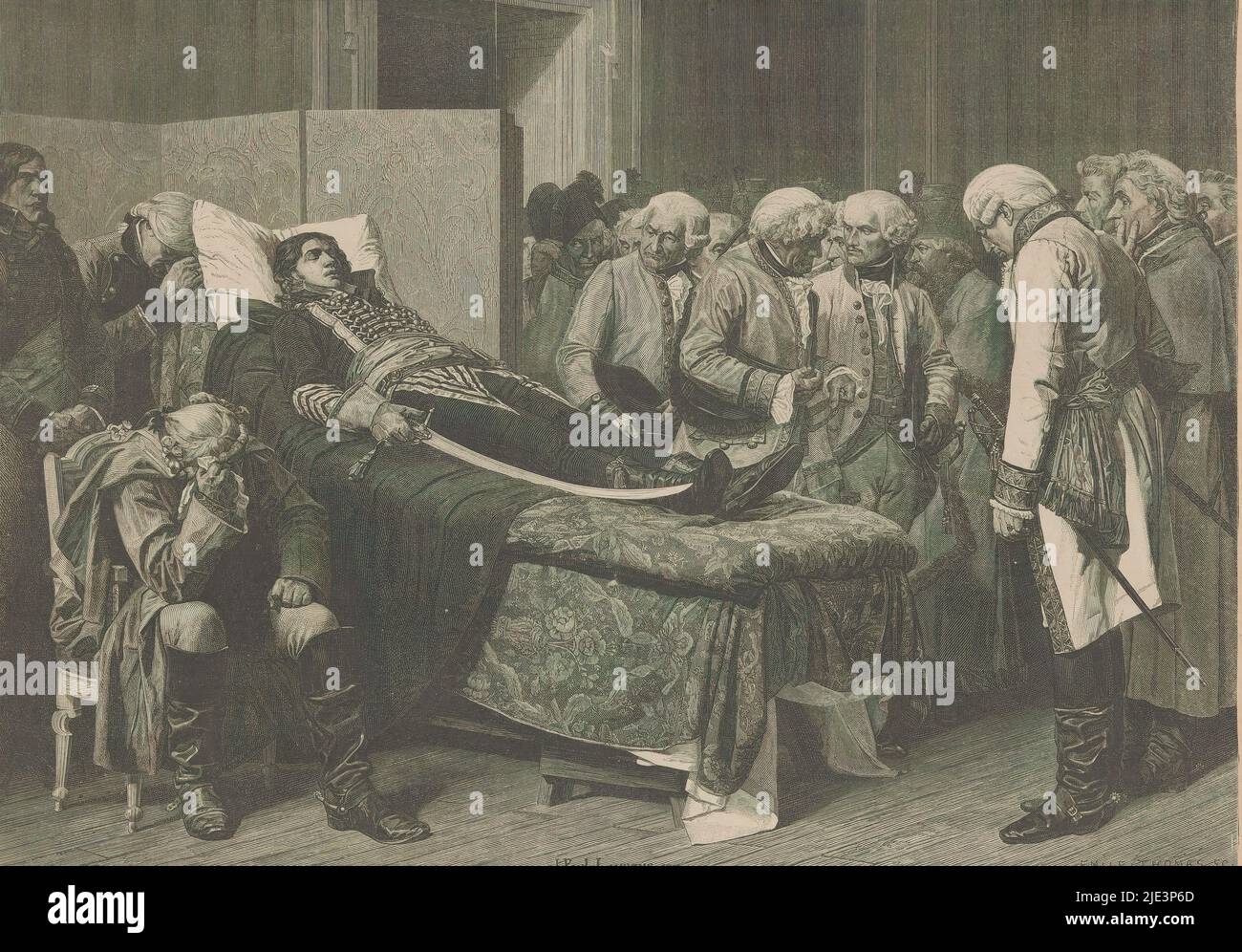 Deathbed of General Marceau, lo staff generale austriaco visita il deathbed del generale rivoluzionario francese Francis Séverin Marceau-Desgraviers, all'età di 27, 21 settembre 1796. Dopo la pittura di J.P. Laurens del 1877., stampatore: Emil Thomas, (menzionato sull'oggetto), dopo la pittura di: Jean Paul Laurens, (menzionato sull'oggetto), dopo disegno di: Albert Ludovic Paul Emile Antony Duvivier, (menzionato sull'oggetto), 1877 - 1899, carta, altezza 306 mm x larghezza 422 mm Foto Stock