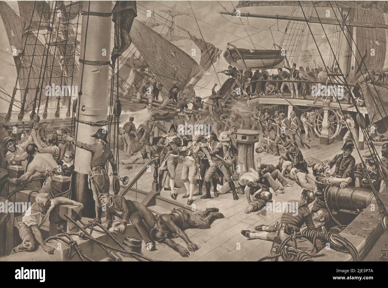 Battaglia di Trafalgar, 1805, Battaglia di Trafalgar (titolo sull'oggetto), morte dell'ammiraglio Horatio Nelson durante la battaglia di Trafalgar, 21 ottobre 1805., E. Albert & Co., (menzionato sull'oggetto), dopo la pittura di: Paul Léon Jazet, (menzionato sull'oggetto), editore: S. Hildesheimer & Co. Ltd., (menzionato sull'oggetto), München, editore: Londra, stampatore: München, 1898, carta, altezza 502 mm x larghezza 615 mm Foto Stock