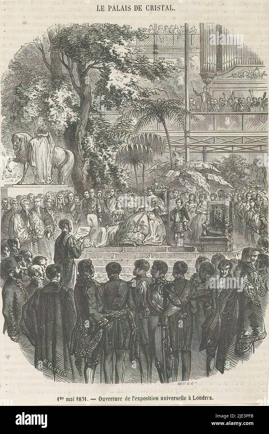 Apertura della Fiera del mondo al Palazzo di Cristallo da parte della Regina Vittoria, 1851, le Palais de Cristal / 1er mai 1851 - Ouverture de l'exposition universell à Londres (titolo sull'oggetto), apertura della Grande Mostra (Mostra del Palazzo di Cristallo), la Fiera del mondo al Palazzo di Cristallo da parte della Regina Vittoria, 1 maggio 1851. Stampato sul retro con testo., tipografo: Henry Augustin Valentin, (menzionato sull'oggetto), Francia, 1851 - 1855, carta, altezza 170 mm x larghezza 111 mm Foto Stock