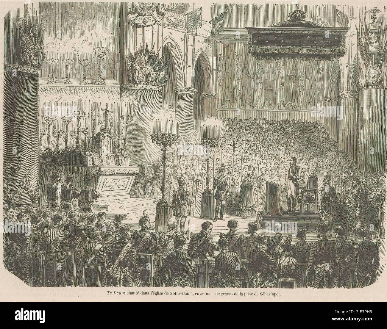 Servizio di ringraziamento alla cattura di Sebastopol, 1855, te Deum chanté dans l'église de Notre-Dame, en Actions de Grâces de la pry de Sébastopol (titolo sull'oggetto), servizio di ringraziamento a Notre-Dame a Parigi alla presenza dell'imperatore Napoleone III, in occasione della cattura di Sebastopol, settembre 1855. Print maker: Jules Gaillrau, (menzionato sull'oggetto), Francia, 1855, carta, altezza 201 mm x larghezza 249 mm Foto Stock