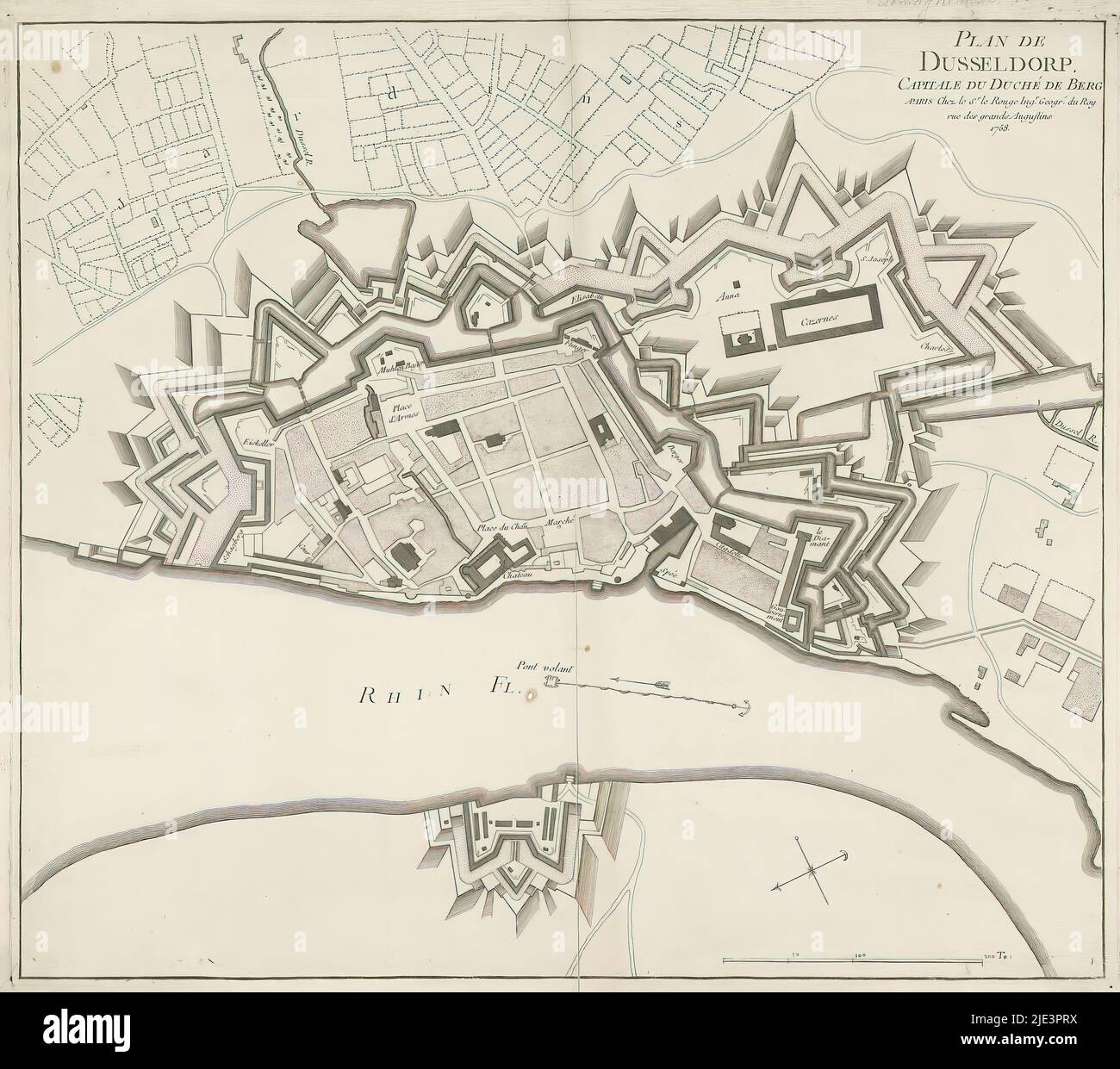 Carta di Düsseldorf, Plan de Dusseldorp, capitale duché de Berg (titolo sull'oggetto), tipografo: anonimo, George Louis le Rouge, (menzionato sull'oggetto), editore: George Louis le Rouge, (menzionato sull'oggetto), Parigi, 1758, carta, incisione, incisione, altezza 505 mm x larghezza 575 mm Foto Stock