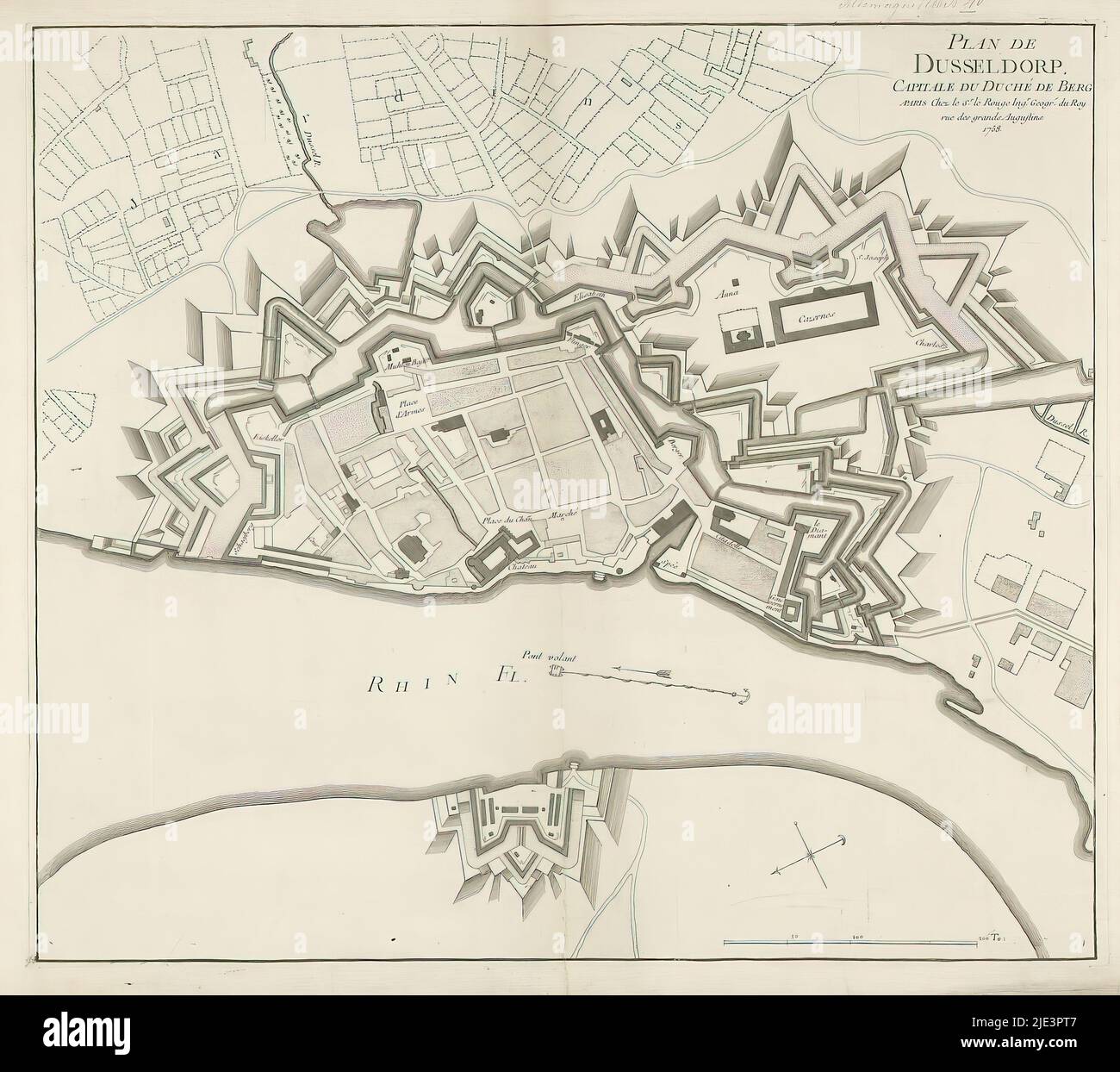 Carta di Düsseldorf, Plan de Dusseldorp, capitale duché de Berg (titolo sull'oggetto), tipografo: anonimo, George Louis le Rouge, (menzionato sull'oggetto), editore: George Louis le Rouge, (menzionato sull'oggetto), Parigi, 1758, carta, incisione, incisione, altezza 505 mm x larghezza 575 mm Foto Stock