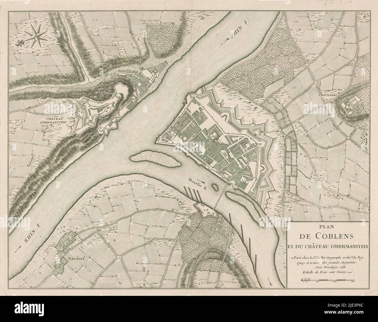 Mappa di Coblenza e Fort Ehrenbreitstein, Plan de Coblens et du Château d'Hermanstein (titolo sull'oggetto), tipografo: anonimo, editore: Alexis Hubert Jaillot, (attribuzione rifiutata), editore: Bernard Jean Hyacinthe Jaillot, (attribuzione rifiutata), Parigi, 1781, carta, incisione, incisione, altezza 440 mm x larghezza 566 mm Foto Stock