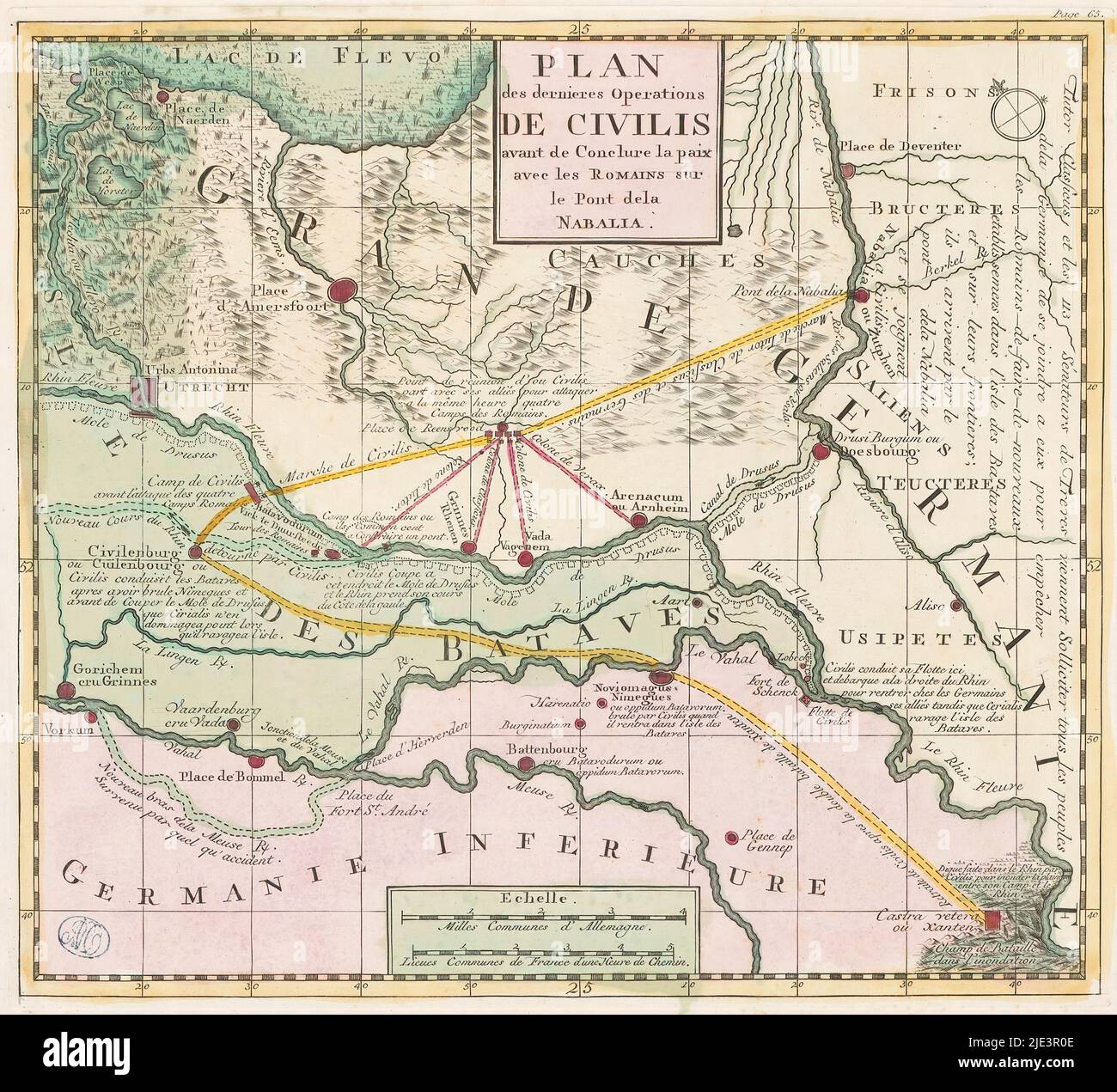 Mappa delle ultime manovre di guerra di Civilis, 69-70, Plan des dernieres Operations de civilis avant de concure la paix avec les Romains sur le pont della Nabalia (titolo sull'oggetto), Mappa delle ultime manovre di guerra di Civilis prima di fare pace con i Romani. La mappa ha testo con spiegazioni storiche in diversi luoghi. Al fondo due barre di scala: Milles Communes d'Allemagne, Lieues Communes de France d'une heure de chemin. La mappa ha una rete di coordinate e una scala di gradi lungo i bordi., tipografia: anonimo, Maximilien Henri marquis de Saint-Simon, 1770, carta, incisione, incisione, incisione, altezza Foto Stock