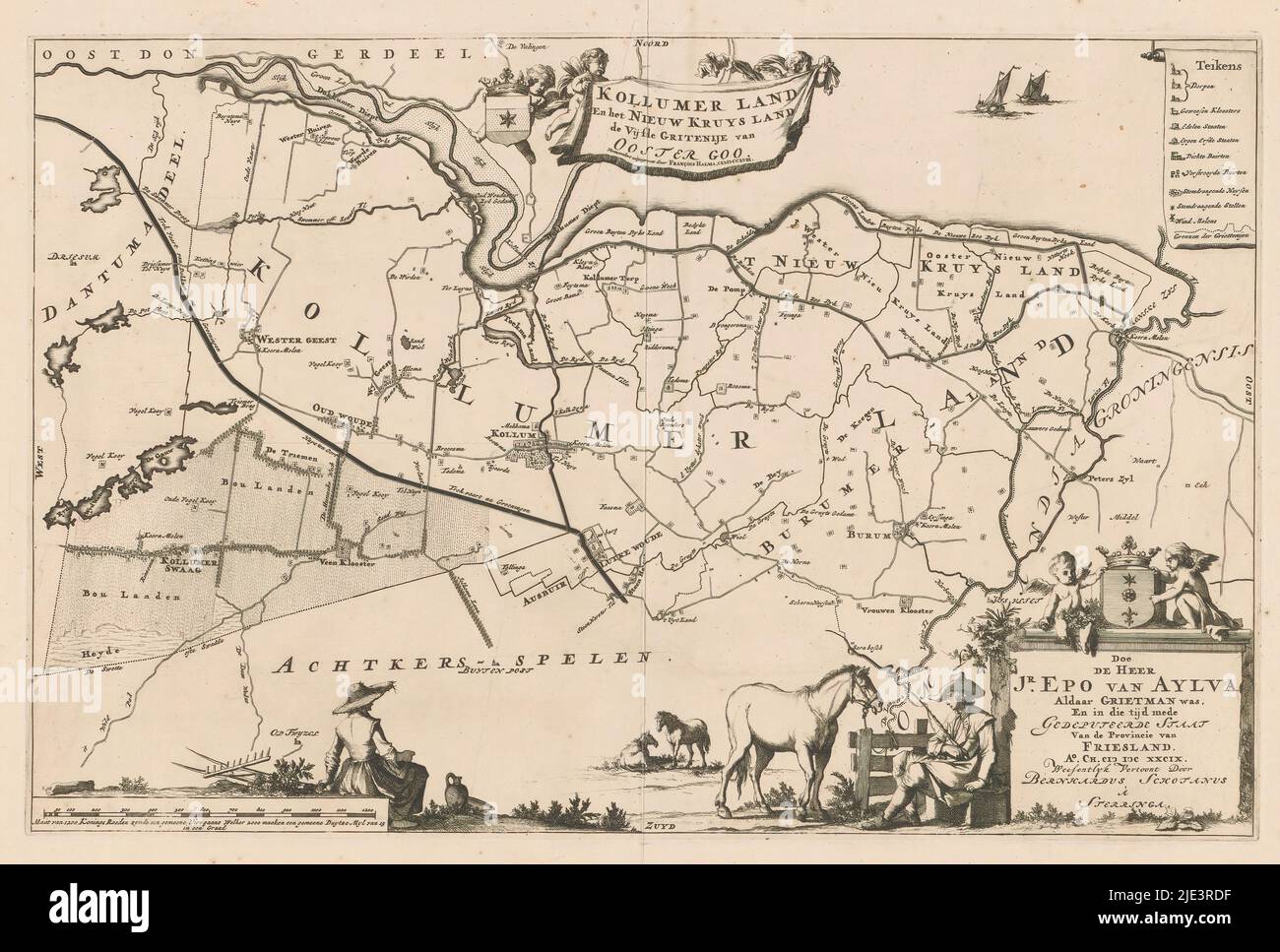 Mappa del gietenij Kollumerland en Nieuwkruisland, Kollumer Land en het Nieuw Kruys Land de vijfde gritenije van Ooster goo (titolo sull'oggetto), Top Center titolo cartouche con accanto lo stemma di Kollumerland en Nieuwkruisland. Legenda in alto a destra. Cartouche in basso a destra con informazioni amministrative sul grietij, sopra lo stemma del grietman jonker EPO van Aylva. In basso a sinistra una barra di scala: Maat van 1200 konings roeden zynde een gemeene uire gaans welker 2000 maaken een gemeene Duytze myl van 15 in een graad. Con griglia, tipografo: Jan Luyken, (attribuito a), Bernardus Foto Stock