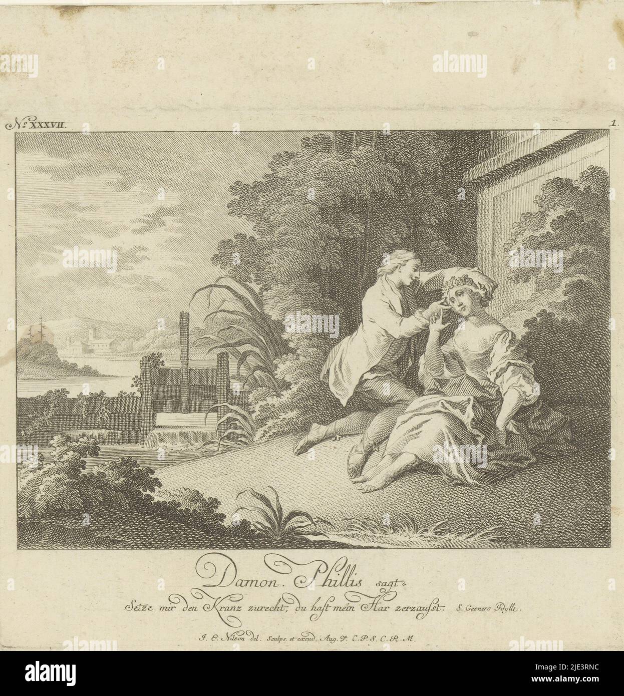 Phyllis e Demophon, stampatore: Johann Esaias Nilson, (menzionato sull'oggetto), Augsburg, 1731 - 1788, carta, incisione, incisione, h 166 mm - l 195 mm Foto Stock