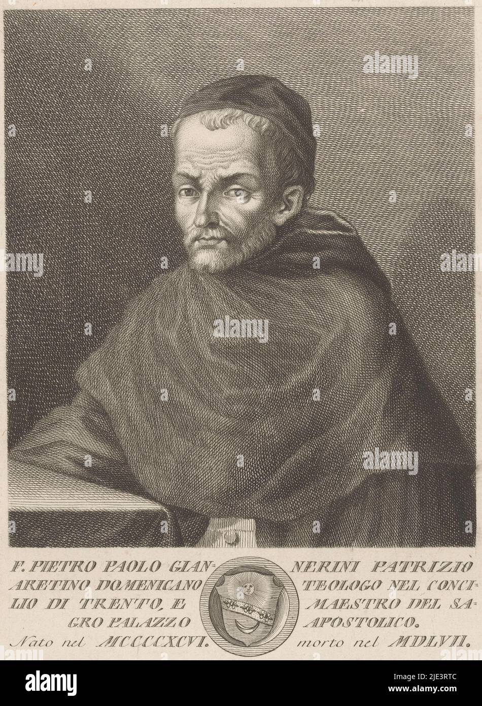 Sotto il ritratto un testo in italiano e uno stemma in una cornice circolare, Ritratto del teologo Pietro Paolo Giannerino, tipografo: Gaetano Vascellini, (citato in oggetto), disegnatore intermedio: Angiol. Lorenzo de Giudici, (menzionato in oggetto), dopo: Sconosciuto, (menzionato in oggetto), Italia, 1755 - 1805, carta, incisione, h 303 mm x l 198 mm Foto Stock