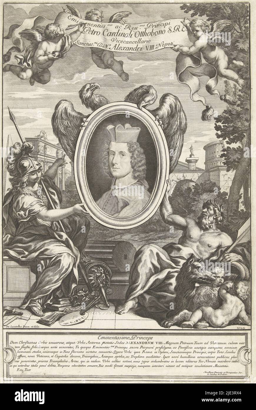 Busto del cardinale Pietro Ottoboni in ovale attorno al ritratto una cornice figurativa con immagini di Minerva, Romolo e Remo, il Tevere personificato e un'aquila a due teste che regge il ritratto di Roma si vede sullo sfondo, Ritratto del cardinale Pietro Ottoboni, tipografo: Robert van Audenaerd, (citato in oggetto), relatore intermediario: Pietro Locatelli, (citato in oggetto), editore: Giovanni Giacomo de'Rossi, Roma, 1685 - 1691, carta, incisione, incisione, h 395 mm x l 261 mm Foto Stock
