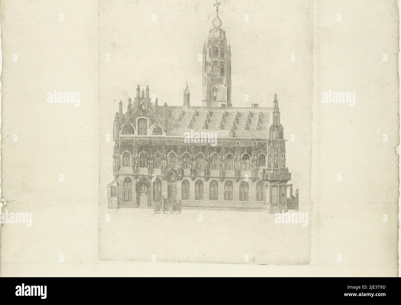 Veduta del Municipio di Middelburg, situato sul Markt, Vista del Municipio di Middelburg, tipografia: Pieter Bast, (menzionato sull'oggetto), 1595, carta, incisione, a 282 mm x l 223 mm, a 525 mm x p 418 mm Foto Stock