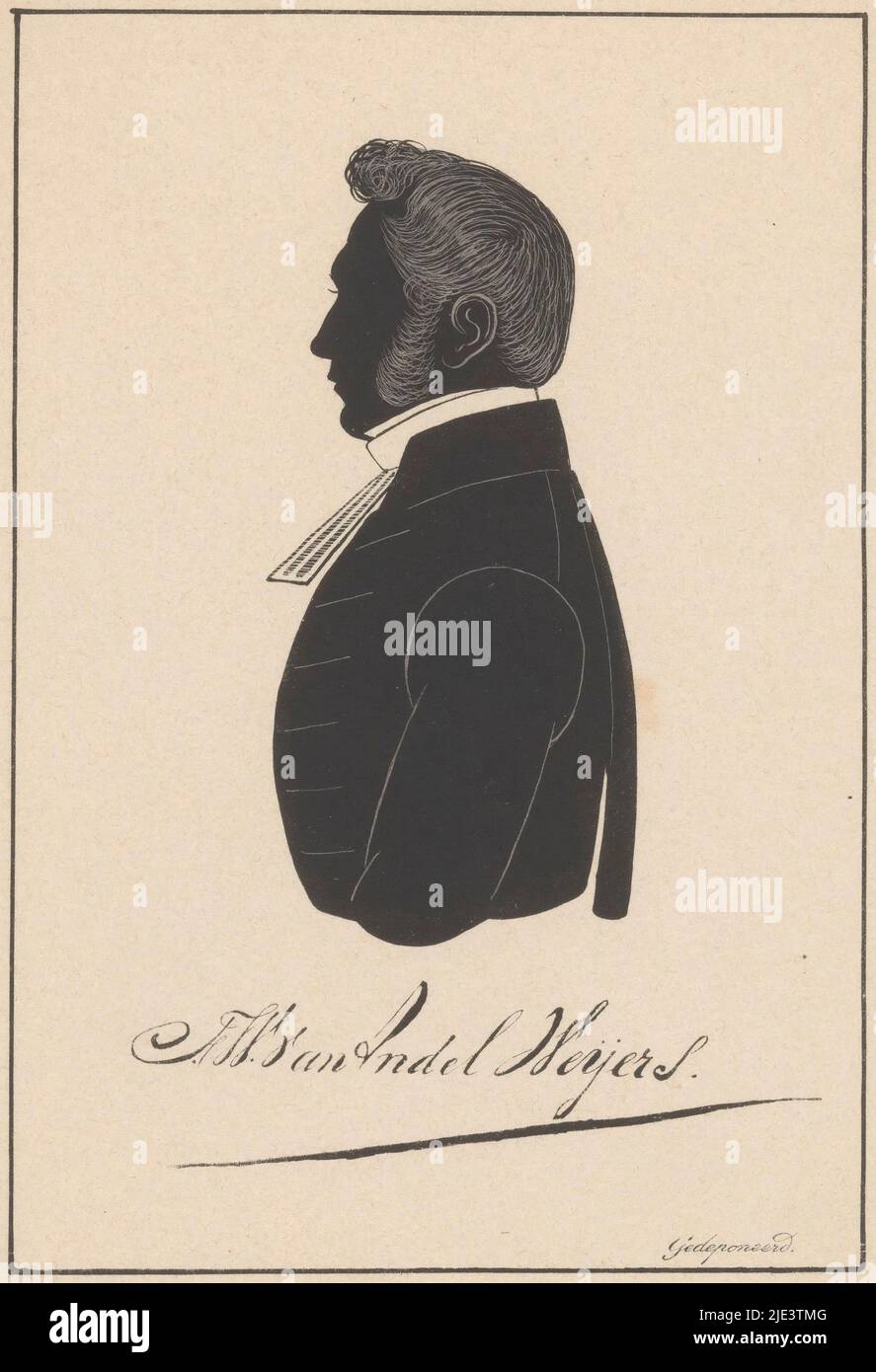 Sotto il ritratto la firma della persona raffigurata, Silhouette ritratto di Frederik Willem van Andel Weijers, tipografia: Pieter Barbiers (IV), (possibilmente), tipografia: Friedrich Heinrich Wilhelm Schröder, (rigettato attribuzione), Paesi Bassi, 1809 - 1848, carta, h 150 mm - l 106 mm Foto Stock