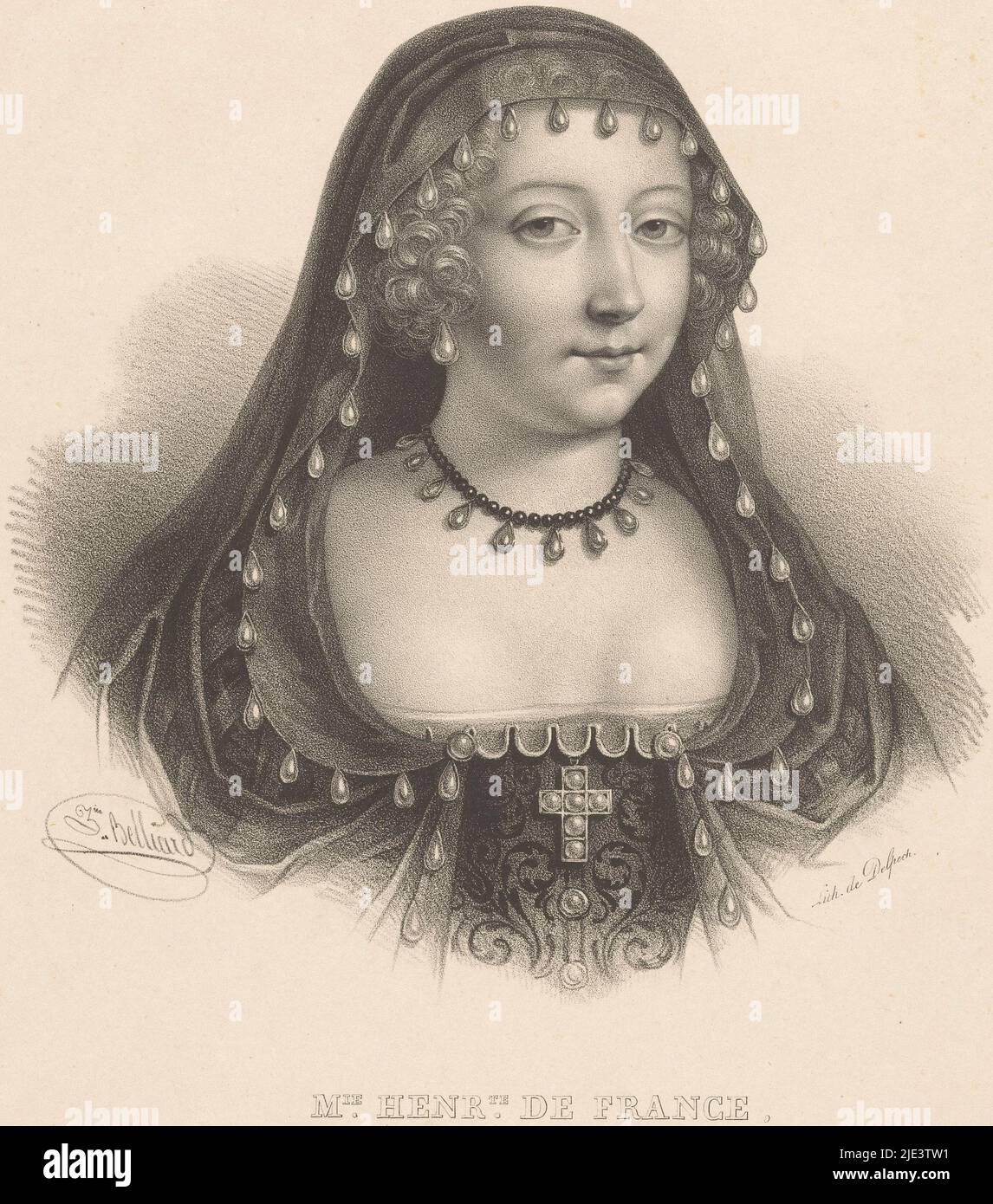Ritratto di Henrietta Maria di Francia, Regina d'Inghilterra, Scozia e Irlanda Mie Horrte de France, reine d'Angleterre duecento ritratti tra i regni di Carlo VII e Luigi XVI di Francia Iconographie franaise, ritratti depuis le regne de Charles VII jusqu'a la fin de celui de Luigi XVI, Print maker: Zéphirin Félix Jean Marius Belliard, (menzionato sull'oggetto), stampante: veuve Delpech (Naudet), (menzionato sull'oggetto), Parigi, 1832, carta, a 509 mm x l 339 mm Foto Stock