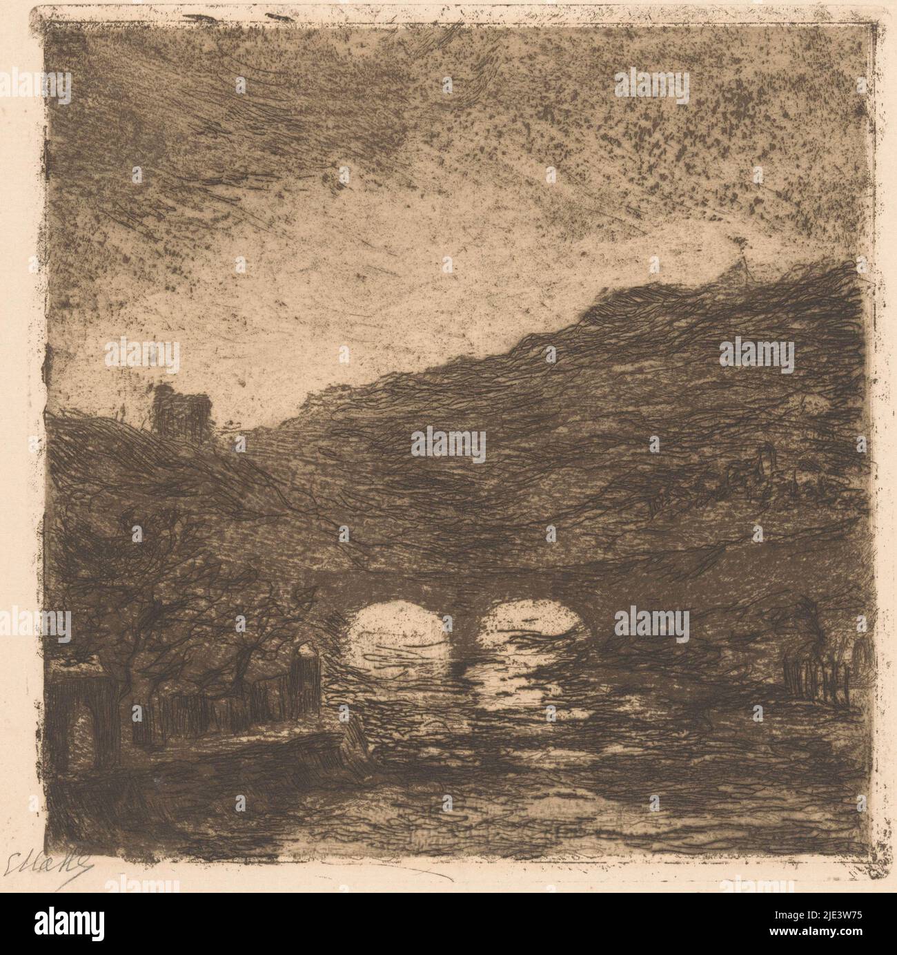 Un ponte su un fiume in un paesaggio di montagna, nei Pirenei originale, tipografo: Eta Fles, (firmato dall'artista), 1867 - 1910, carta, punto secco, a 200 mm x l 197 mm Foto Stock