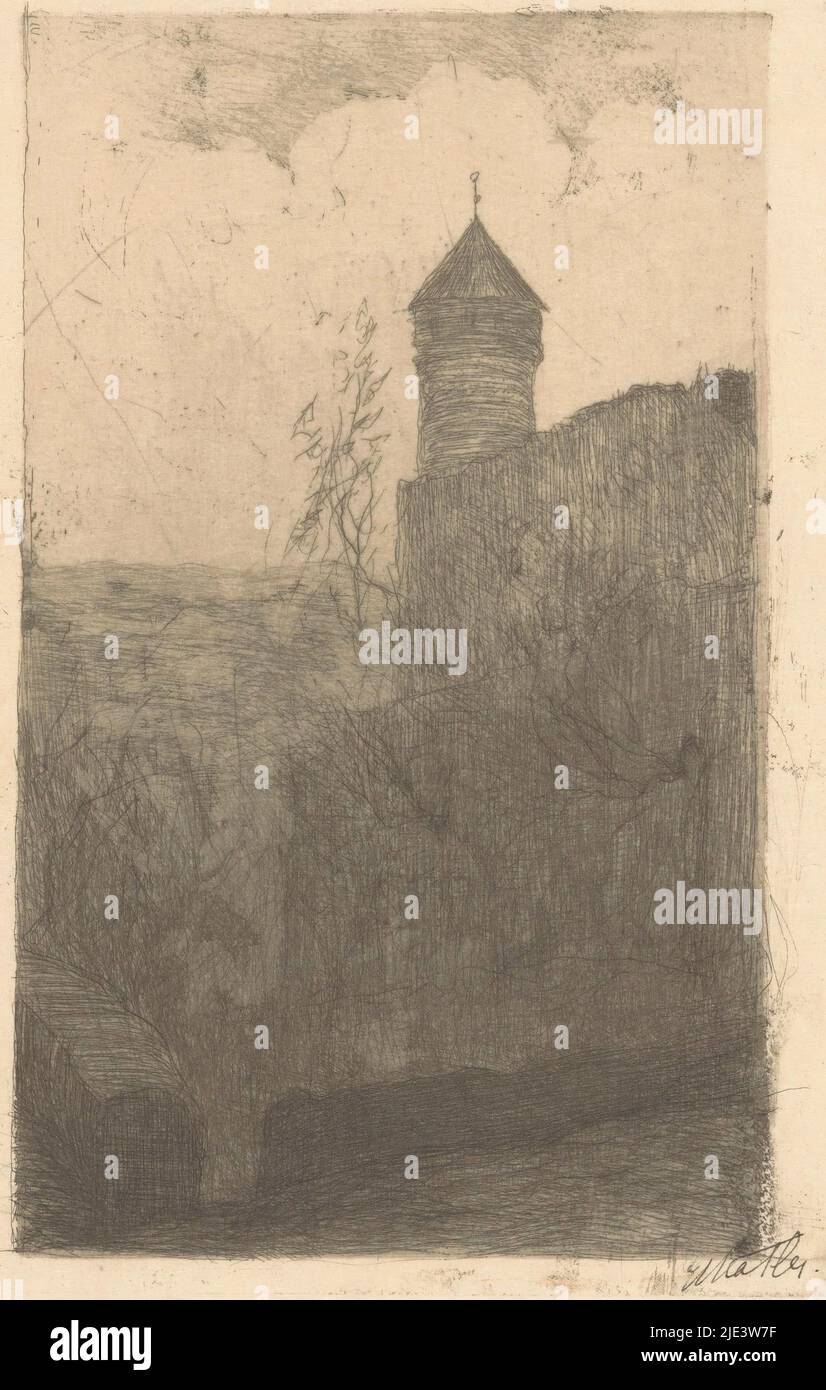 Torre d'angolo di un castello, tipografo: Eta Fles, (firmato dall'artista), 1867 - 1910, carta, punto secco, h 139 mm - l 100 mm Foto Stock