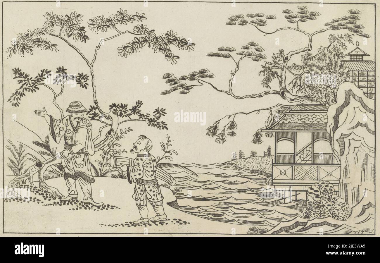 A sinistra due uomini cinesi in un paesaggio al centro, un fiume a destra un edificio, due uomini cinesi in un paesaggio di recente inventato Sineesen incontrato groote moeyte geteekent en in 't ligt gegeven, porta P Schenk Jun, prima parte, tipografia: Pieter Schenk (II), Pieter Schenk (II), editore: Pieter Schenk (II), Amsterdam, 1727-1775, carta, incisione, a 165 mm x l 260 mm Foto Stock