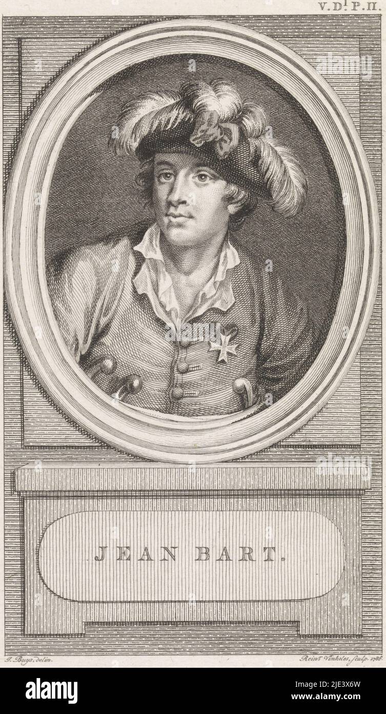 Ritratto di Jan Bart, Reinier Vinkeles (i), dopo l'acquisto di Jacobus, 1786, Ritratto del privatere fiammingo Jean Bart. In alto a destra: V. DL. P. II., stampatore: Reinier Vinkeles (i), (menzionato in oggetto), relatore intermediario: Jacobus buys, (menzionato in oggetto), editore: Johannes Allart, Amsterdam, 1786, carta, incisione, incisione, h 174 mm x l 111 mm Foto Stock