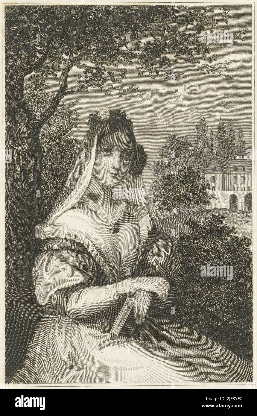 Lady con velo e libro si siede in giardino vicino casa grande, Johannes Alexander Rudolf Best, 1807 - 1855, tipografo: Johannes Alexander Rudolf Best, (menzionato sull'oggetto), Amsterdam, 1807 - 1855, carta, incisione, a 247 mm x l 155 mm Foto Stock