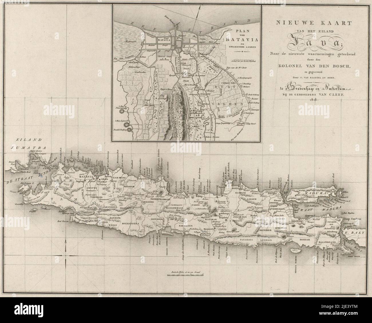 Carta di Giava con una mappa di Batavia, C. van Baarsel en Zoon, dopo Johannes van den Bosch, 1816, tipografia: C. van Baarsel en Zoon, (menzionato sull'oggetto), disegnatore intermediario: Johannes van den Bosch, (menzionato sull'oggetto), editore: Gebroeders van Cleef, (menzionato sull'oggetto), 1816, carta, incisione, incisione, h 385 mm x l 476 mm Foto Stock
