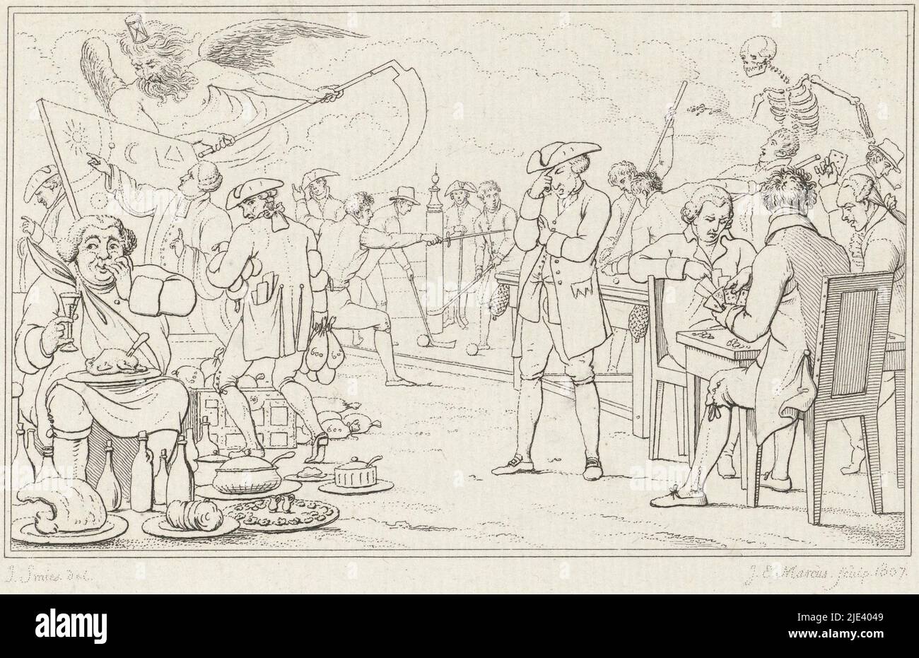Uomo pensivo in mezzo alla morte e al tempo del Padre e al mondo persegue, Jacob Ernst Marcus, dopo Jacob Smies, 1807, Un uomo si erge tra numerose figure impegnate nel mangiare, giocare e studiare. Sulla destra appare la morte tra le nuvole e sulla sinistra del tempo del Padre. A destra si gioca a carte, si gioca a biliardo e si combattono duelli. Giocatori di COB in background. Sulla sinistra, un uomo circondato da cibo e un uomo vicino ad un cassa di denaro e borse di denaro. Dietro, uno studioso che punta ad una tavola con corpi celesti., tipografo: Jacob Ernst Marcus, (menzionato sull'oggetto), intermediario Foto Stock