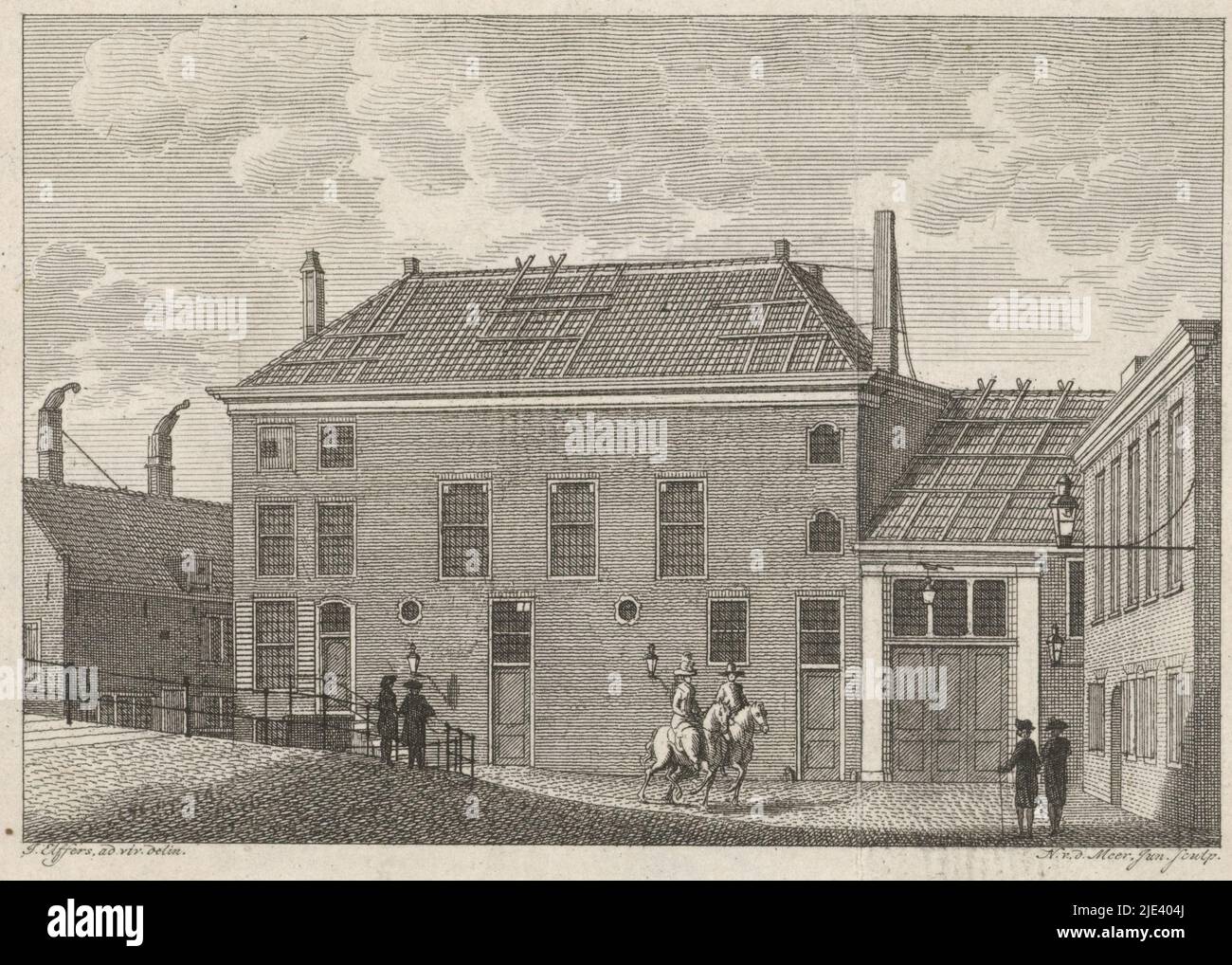 Facciata dell'Hollandsche Manege ad Amsterdam, Noah van der Meer (II), dopo Johannes Elffers, 1781, l'ex Manege dell'Hollandsche sugli Schans, l'attuale Marnixstraat, visto dal Leidsegracht. In primo piano due cavalieri a cavallo., tipografo: Noach van der Meer (II), (menzionato sull'oggetto), disegnatore intermedio: Johannes Elffers, (menzionato sull'oggetto), Amsterdam, 1781, carta, incisione, h 128 mm x l 153 mm Foto Stock