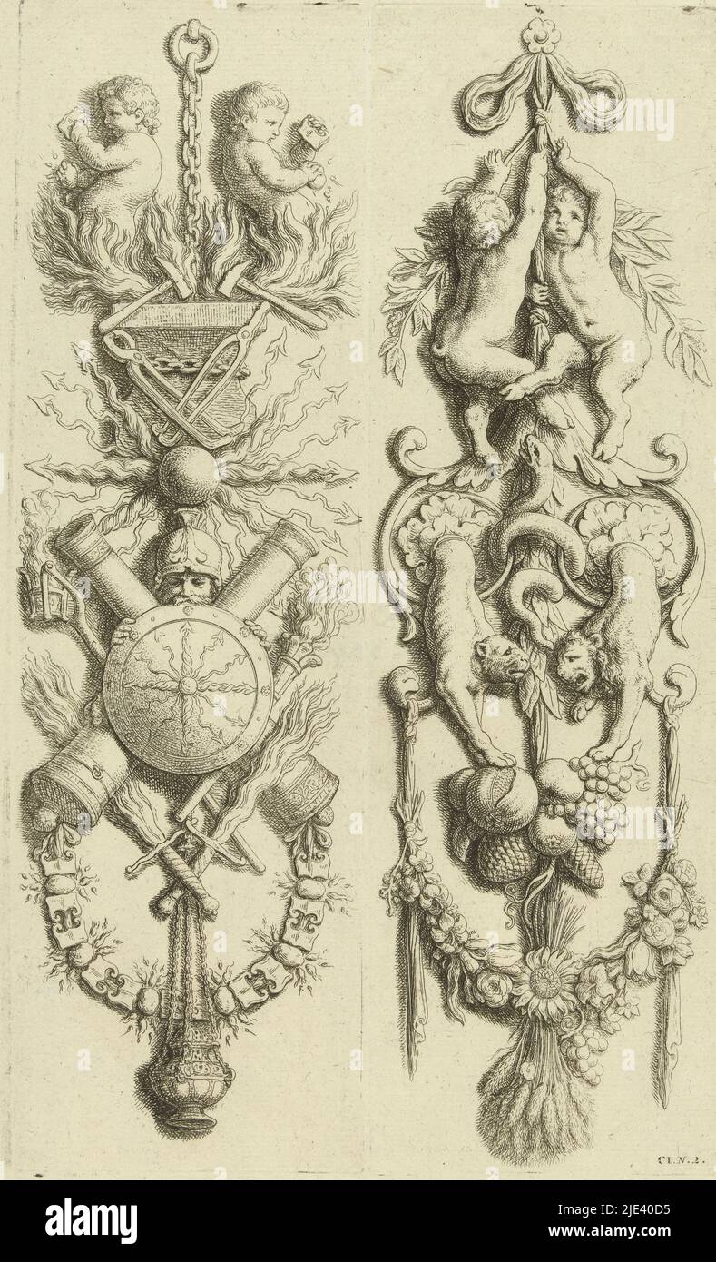 Arma trofeo con due satiri e due leoni, Hubert Quellinus, dopo Artus Quellinus (i), 1719, foglio ci.N.2. Scheda D [2] nelle edizioni del 1663 &amp; 1668. Foglio della terza edizione., stampa: Hubert Quellinus, Artus Quellinus (i), editore: David Mortier, Amsterdam, 1719, carta, incisione, h 320 mm x l 95 mm Foto Stock