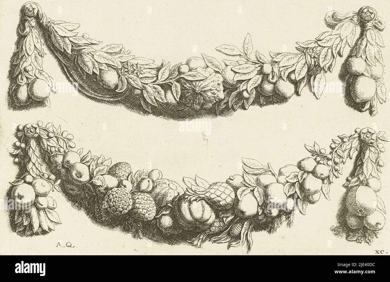 Due festoni di foglie e frutta, Hubert Quellinus, dopo Artus Quellinus (i), 1719, foglio XC. Foglio R [3] nelle edizioni 1665 e 1668., stampatore: Hubert Quellinus, Artus Quellinus (i), (menzionato sull'oggetto), editore: David Mortier, Amsterdam, 1719, carta, incisione, h 139 mm x l 213 mm Foto Stock