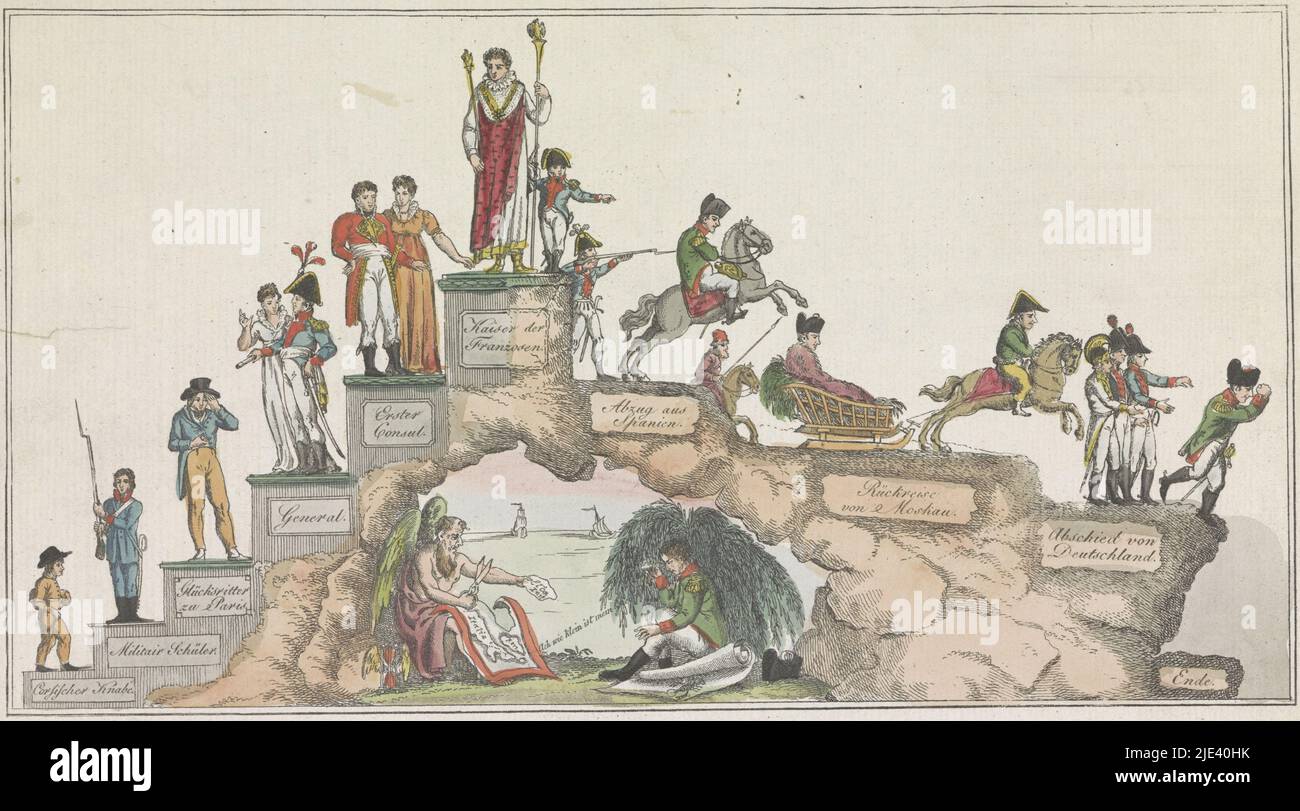 Scala di vita di Napoleone, 1814, anonimo, 1814, la scala di vita di Napoleone. Partendo in basso a sinistra da ragazzo corso, si adopera fino al generale, console e infine in cima alla sua vetta all'imperatore. Poi scende con sconfitte in Spagna, Mosca e Germania (Lipsia) nel 1813. In fondo, attraverso un arco, Napoleone può essere visto seduto con Padre tempo esiliato sull'isola d'Elba, 1814., tipografo: anonimo, Germania, 1814, carta, incisione, h 195 mm x l 311 mm Foto Stock