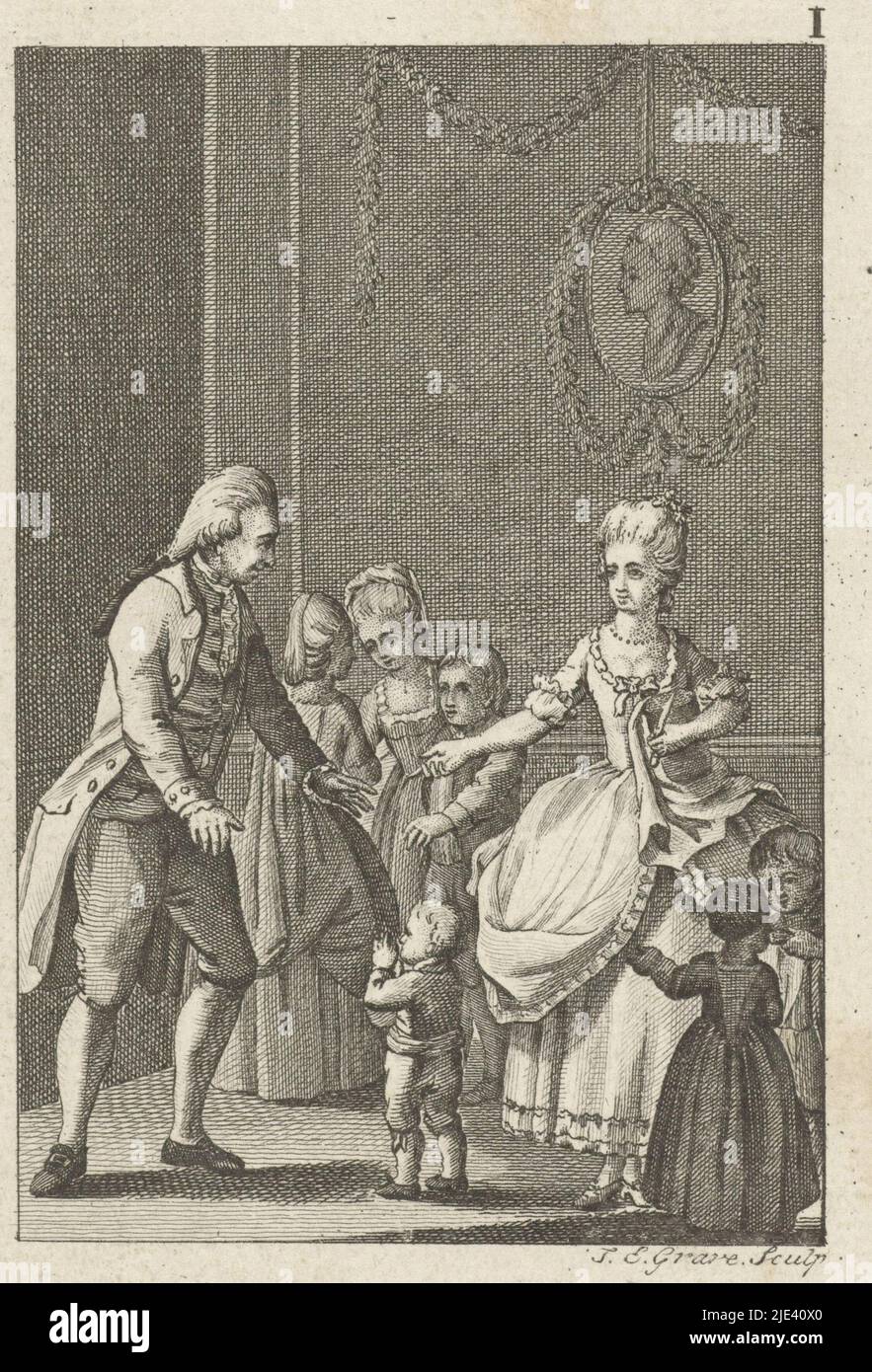 Presentazione di Werther a Charlotte, Jan Evert grave, 1787, un soggiorno interno. Werther si presenta a Charlotte. È circondata dalle sue fratelli più piccole e sta tagliando il pane per loro. La stampa fa parte di una serie che presenta scene del romanzo di Goethe, 'la sofferenza del giovane Werther.', stampatore: Jan Evert grave, (menzionato sull'oggetto), Amsterdam, 1787, carta, incisione, incisione, h 164 mm x l 103 mm Foto Stock