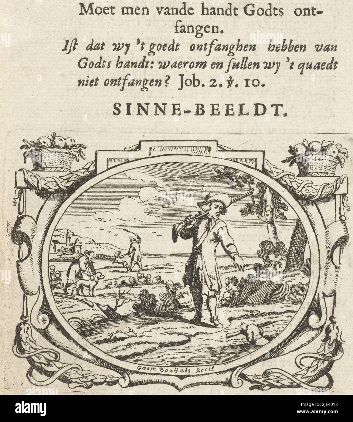 Avversità si riceve dalla mano di Dio, Gaspar Bouttats, 1679, pagina da un libro (p. 10) con testo su verso. In un cartouche ovale un paesaggio con cacciatori. Sullo sfondo, un cane viene picchiato con un bastone. Alla sua sinistra, un cane è rilasciato. In primo piano, un cane porta un bastone al suo proprietario, un cacciatore con una pistola sulla spalla. Sopra la cartouche il titolo (motto) della stampa e una citazione dalla Bibbia (Giobbe 2:10). Sotto la stampa una didascalia: 'Per la gioia e la sofferenza sono preparato' e una descrizione che dice che un cane deve obbedire soprattutto al suo padrone e sia ricompensa e punizione Foto Stock